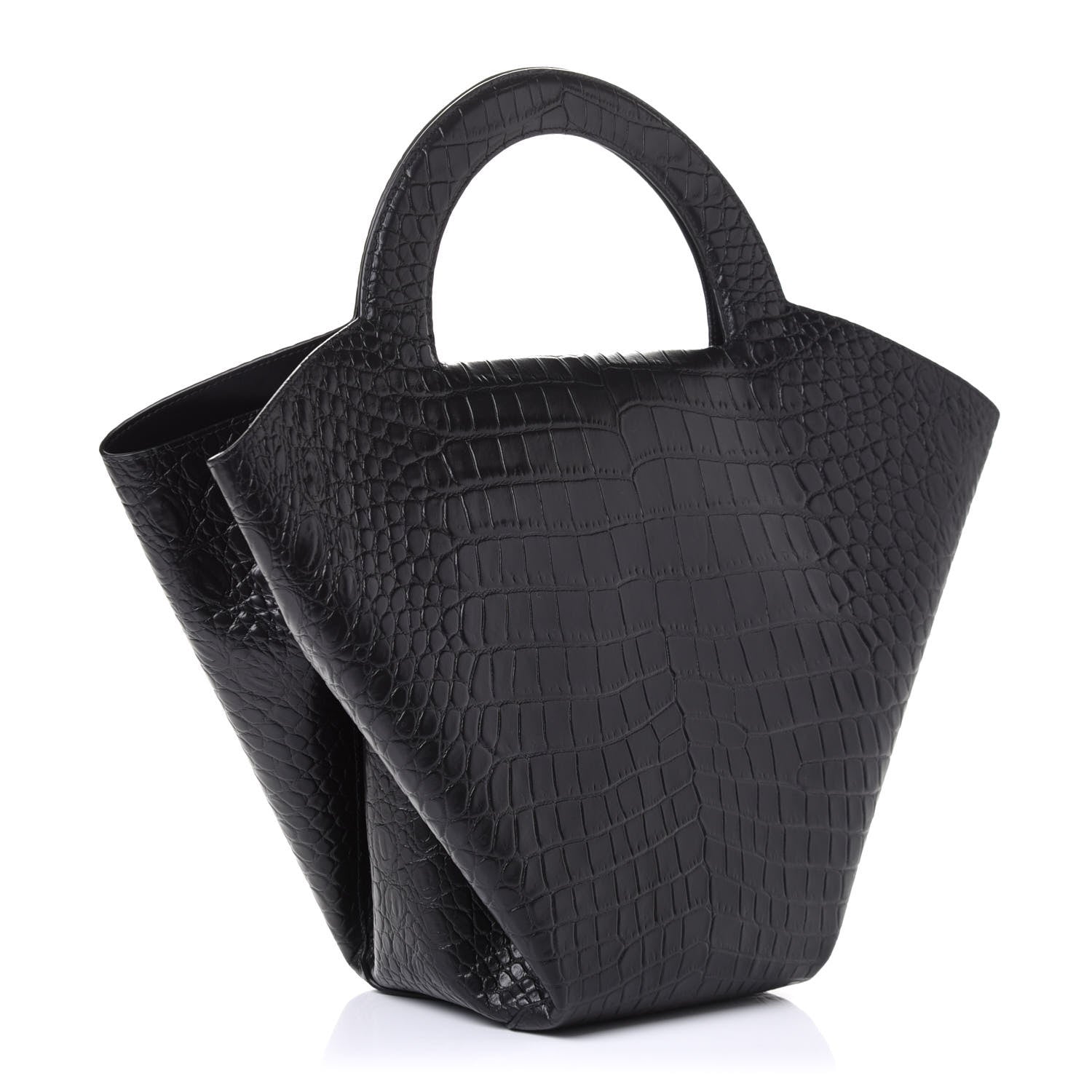 Bottega Veneta Calfskin Crocodile Embossed Doll Medium Top Handle Bag Black 2 of 4