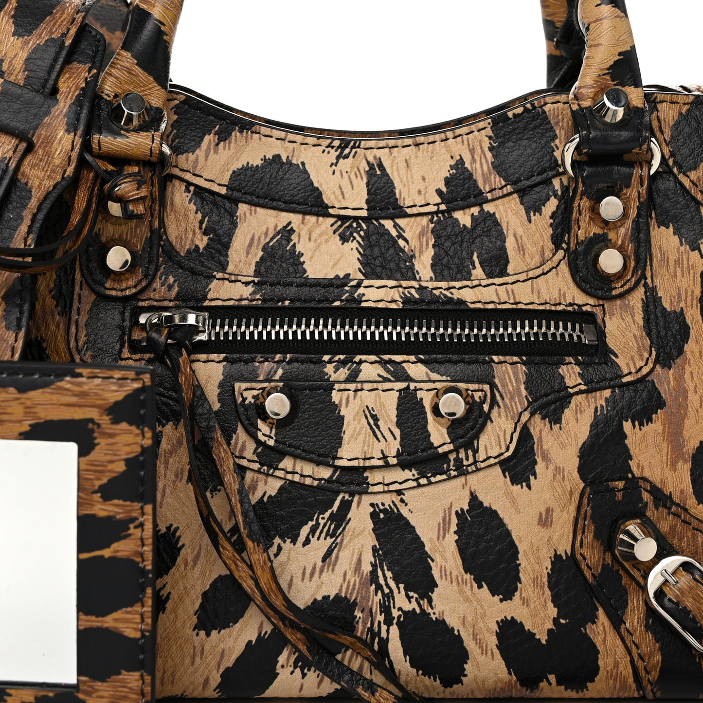 Smooth Calfskin Leopard Print Classic Silver Hardware Mini City Beige