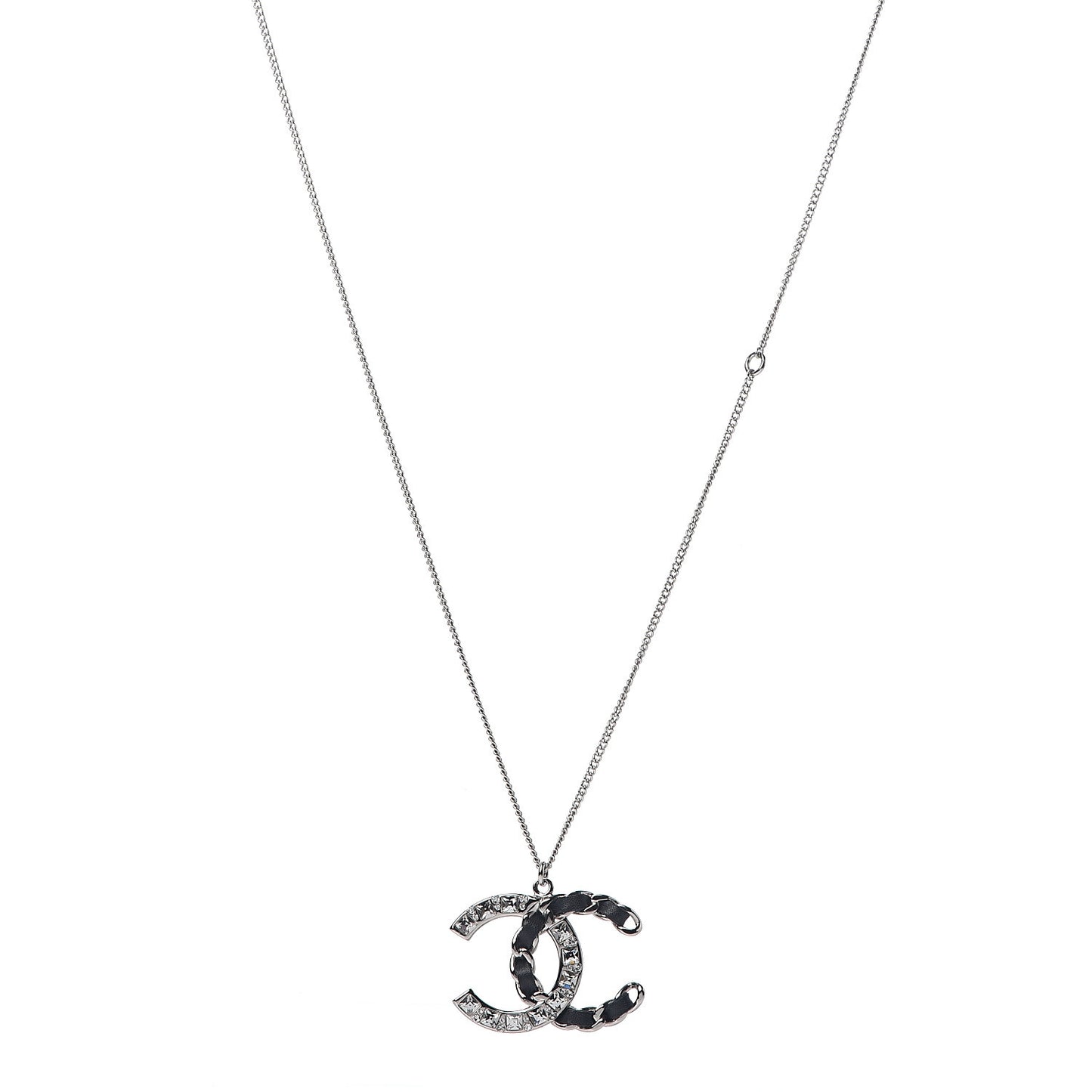 Lambskin Baguette Crystal CC Necklace Black Silver