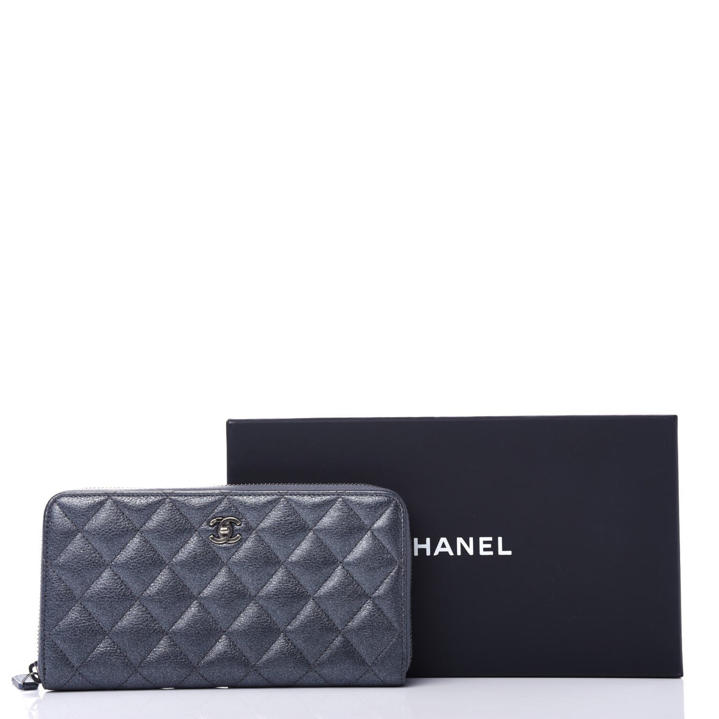 Metallic Calfskin Quilted Large Gusset Zip Around Wallet Charcoal