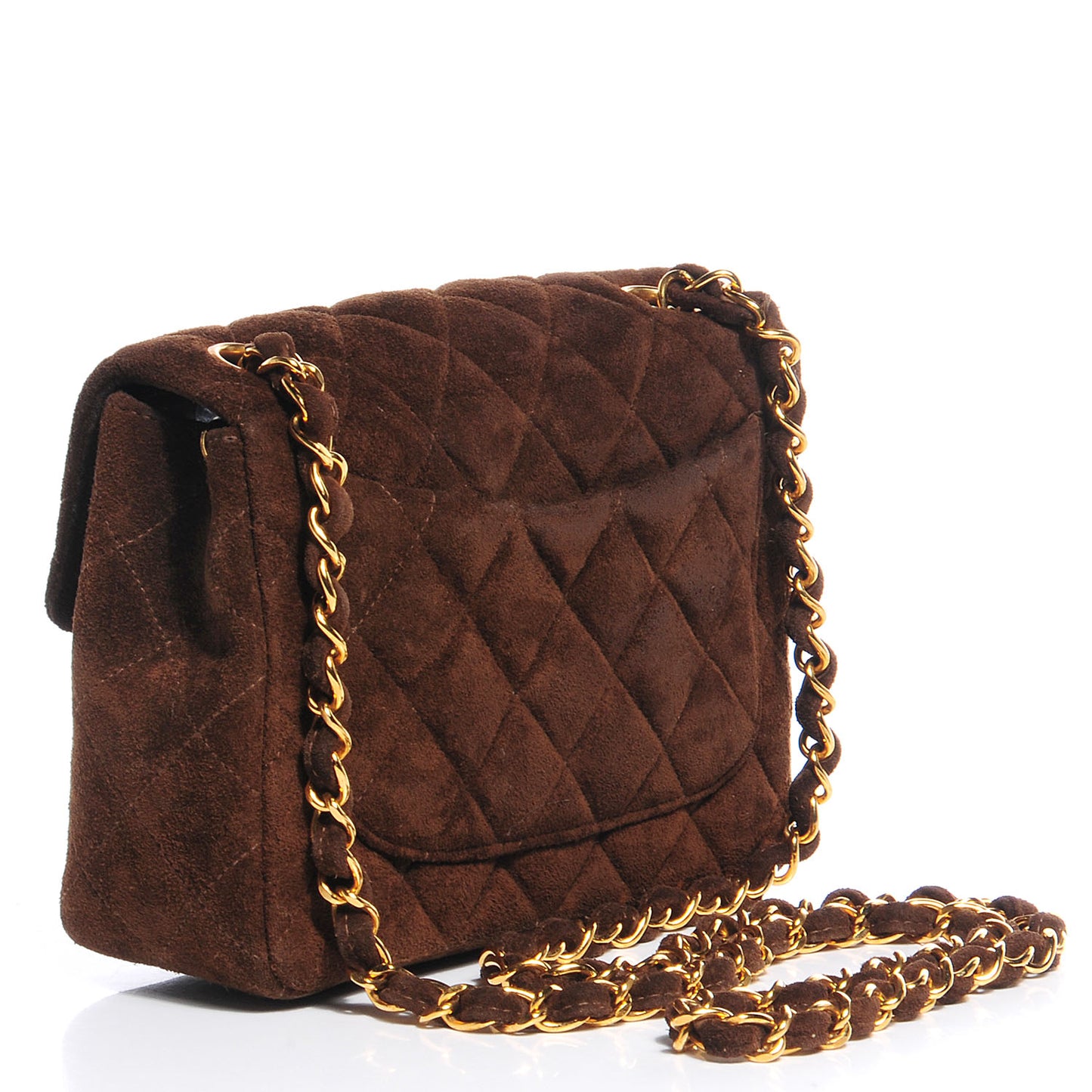 Suede Quilted Mini Square Flap Brown