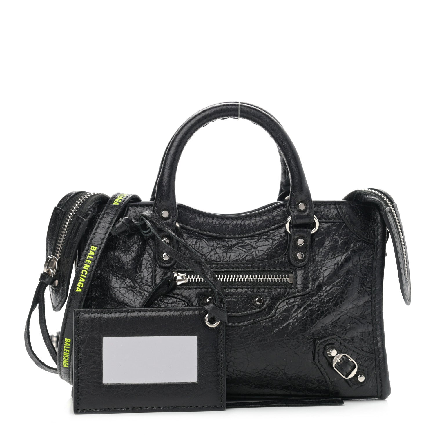 Balenciaga Agneau Classic Silver Hardware Nano City Logo Strap Black Fluo Yellow 1 of 10