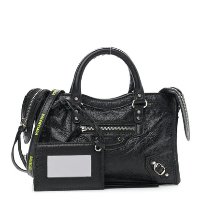 Balenciaga Agneau Classic Silver Hardware Nano City Logo Strap Black Fluo Yellow 1 of 10