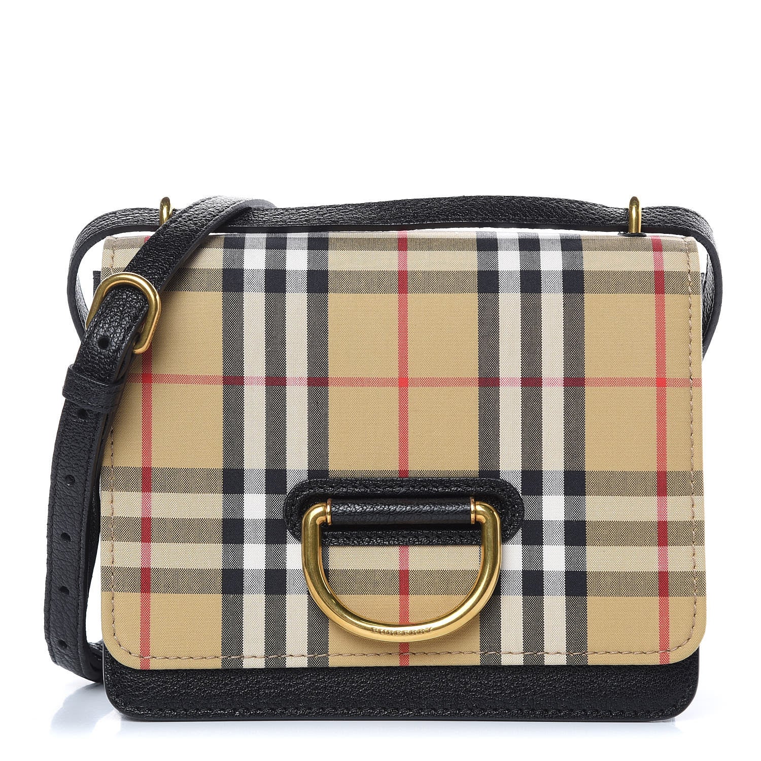 Burberry Goatskin Cotton Canvas Vintage Check Small D-Ring Bag Black Antique Yellow 1 of 11