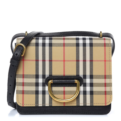 Burberry Goatskin Cotton Canvas Vintage Check Small D-Ring Bag Black Antique Yellow 1 of 11