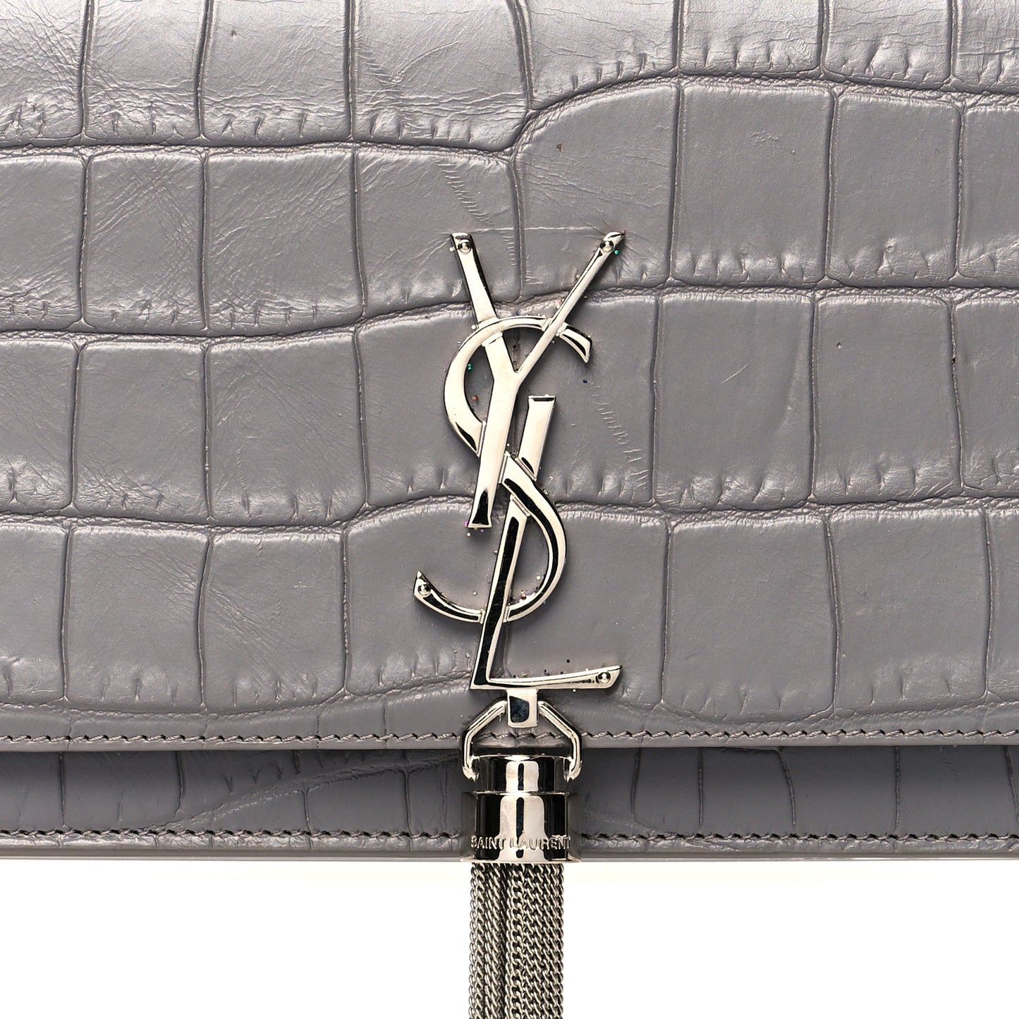 Calfskin Crocodile Embossed Kate Monogram Tassel Chain Wallet Fog