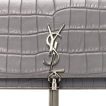 Saint Laurent Calfskin Crocodile Embossed Kate Monogram Tassel Chain Wallet Fog 8 of 11