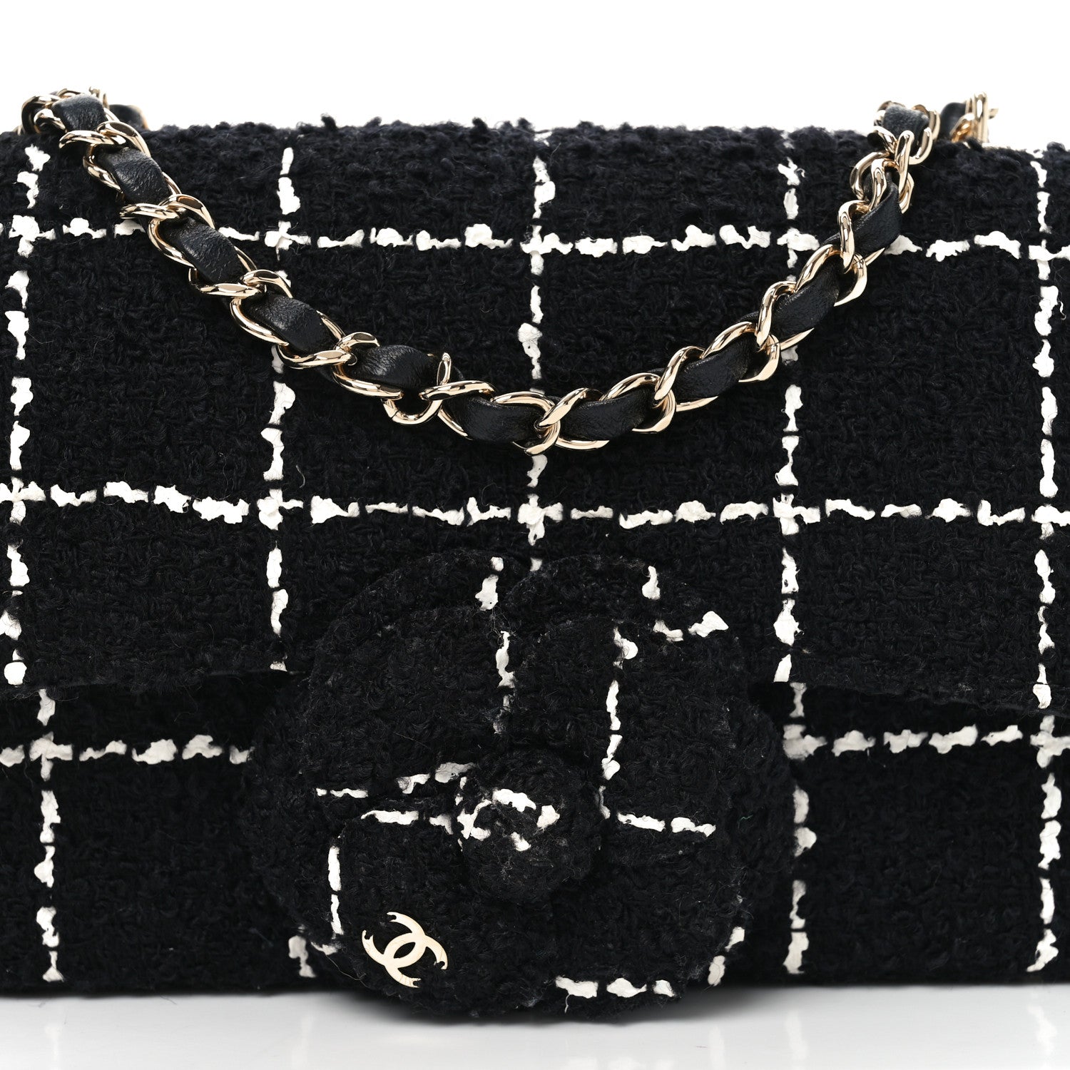 Chanel Tweed Quilted Mini Rectangular Camellia Flap Black White 8 of 10