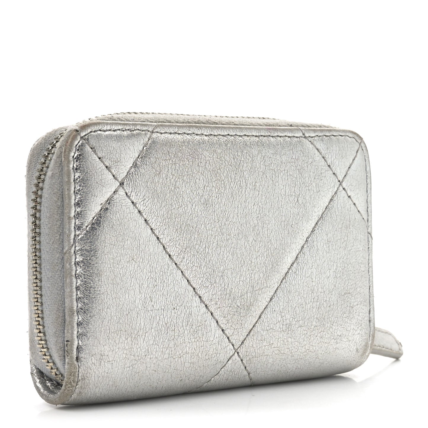 Metallic Lambskin Quilted Chanel 19 Zip Around Coin Purse Wallet Silver