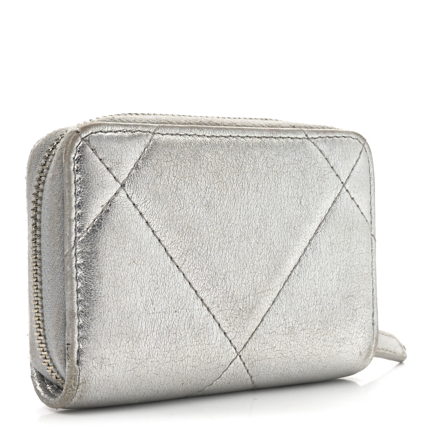 Chanel Metallic Lambskin Quilted Chanel 19 Zip Around Coin Purse Wallet Silver 3 of 10