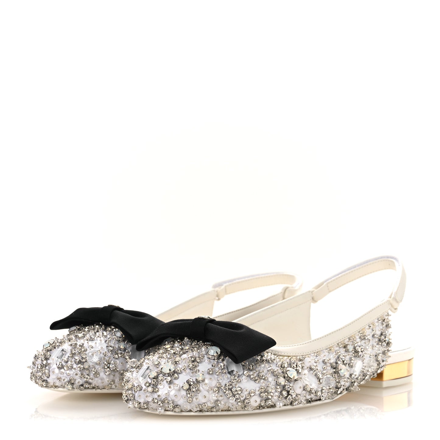Satin Crystal Lambskin Grossgrain Bow CC Slingback Flats 39 White Black