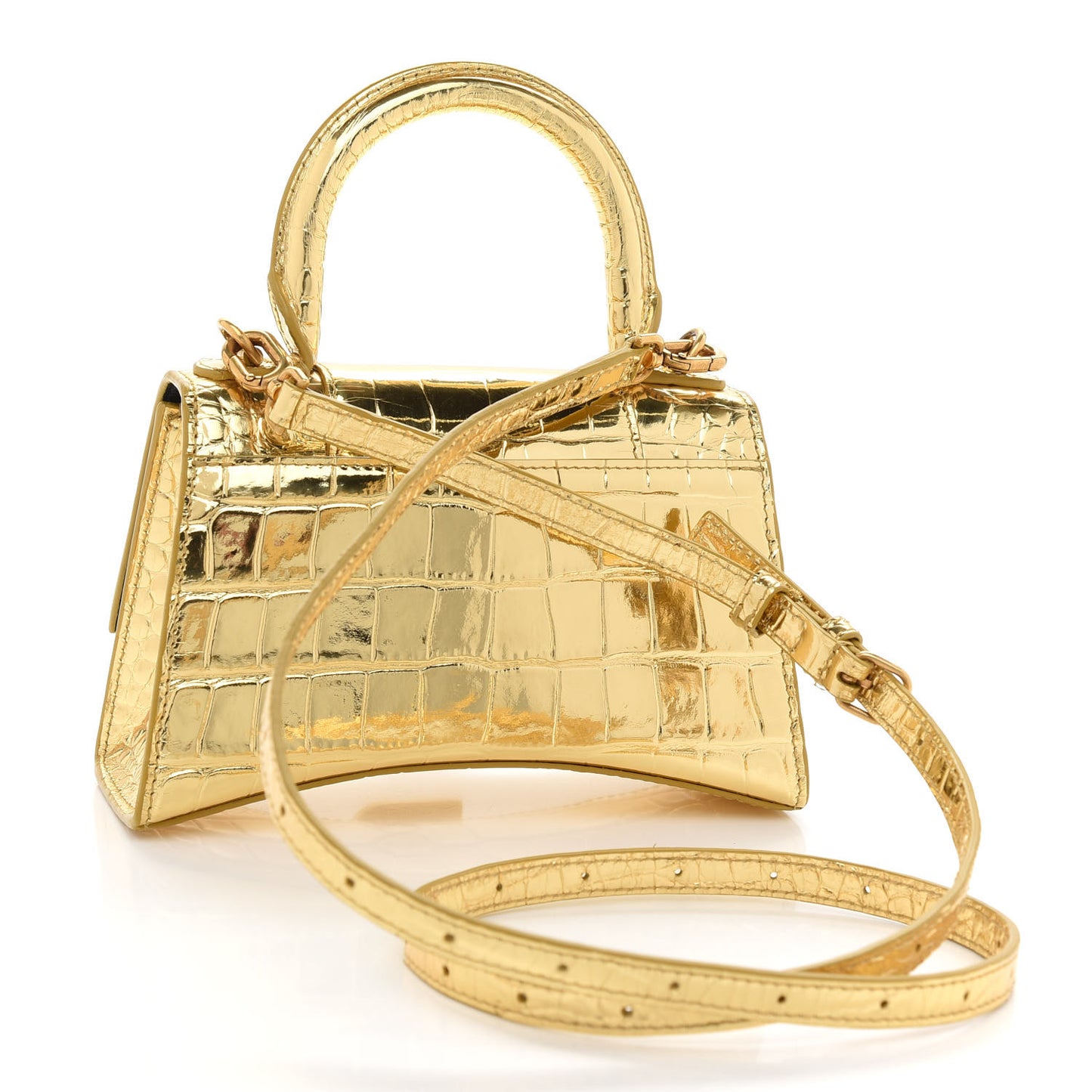 Metallic Calfskin Crocodile Embossed Hourglass Top Handle Bag XS Gold