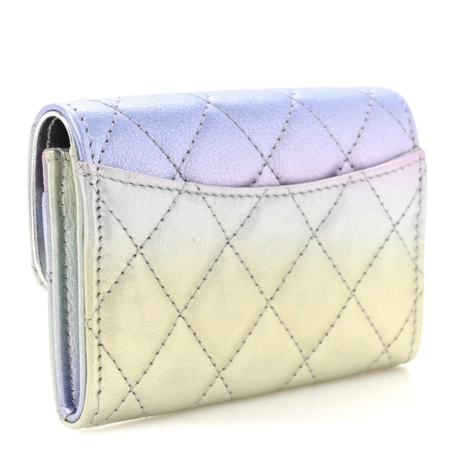 Chanel Gradient Metallic Calfskin Quilted Flap Card Holder Wallet Silver Blue Yellow Purple 3 of 8