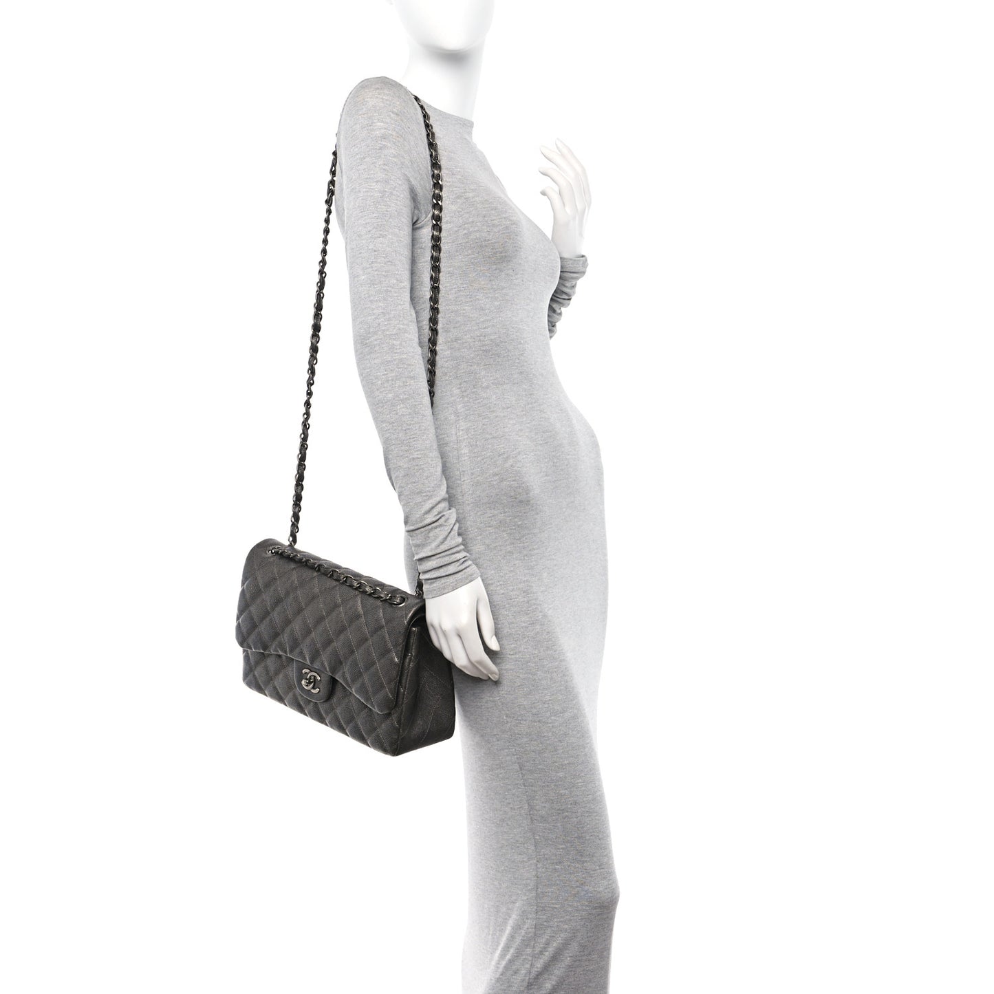 Metallic Caviar Quilted Jumbo Double Flap Dark Silver