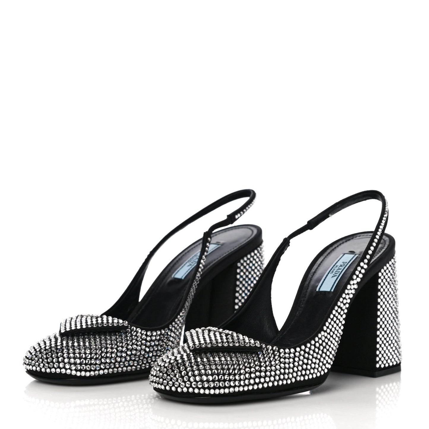 Satin Crystal Logo Block Heel 75mm Slingback Pumps 37 Cristal