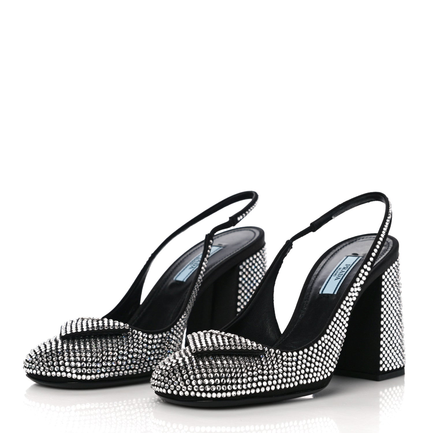 Prada Satin Crystal Logo Block Heel 75mm Slingback Pumps 37 Cristal 4 of 13