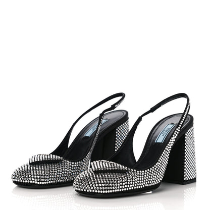 Prada Satin Crystal Logo Block Heel 75mm Slingback Pumps 37 Cristal 4 of 13