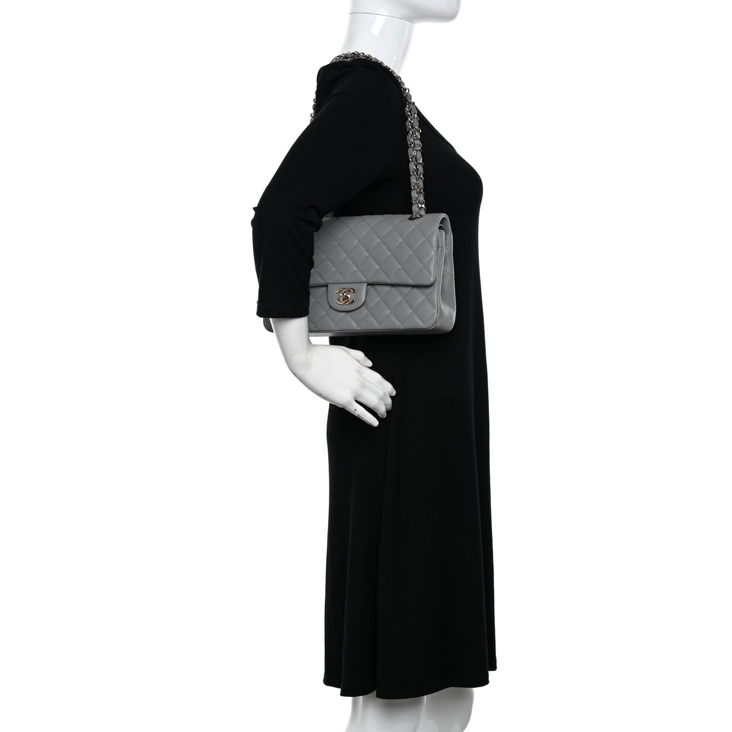 Caviar Quilted Medium Double Flap Grey