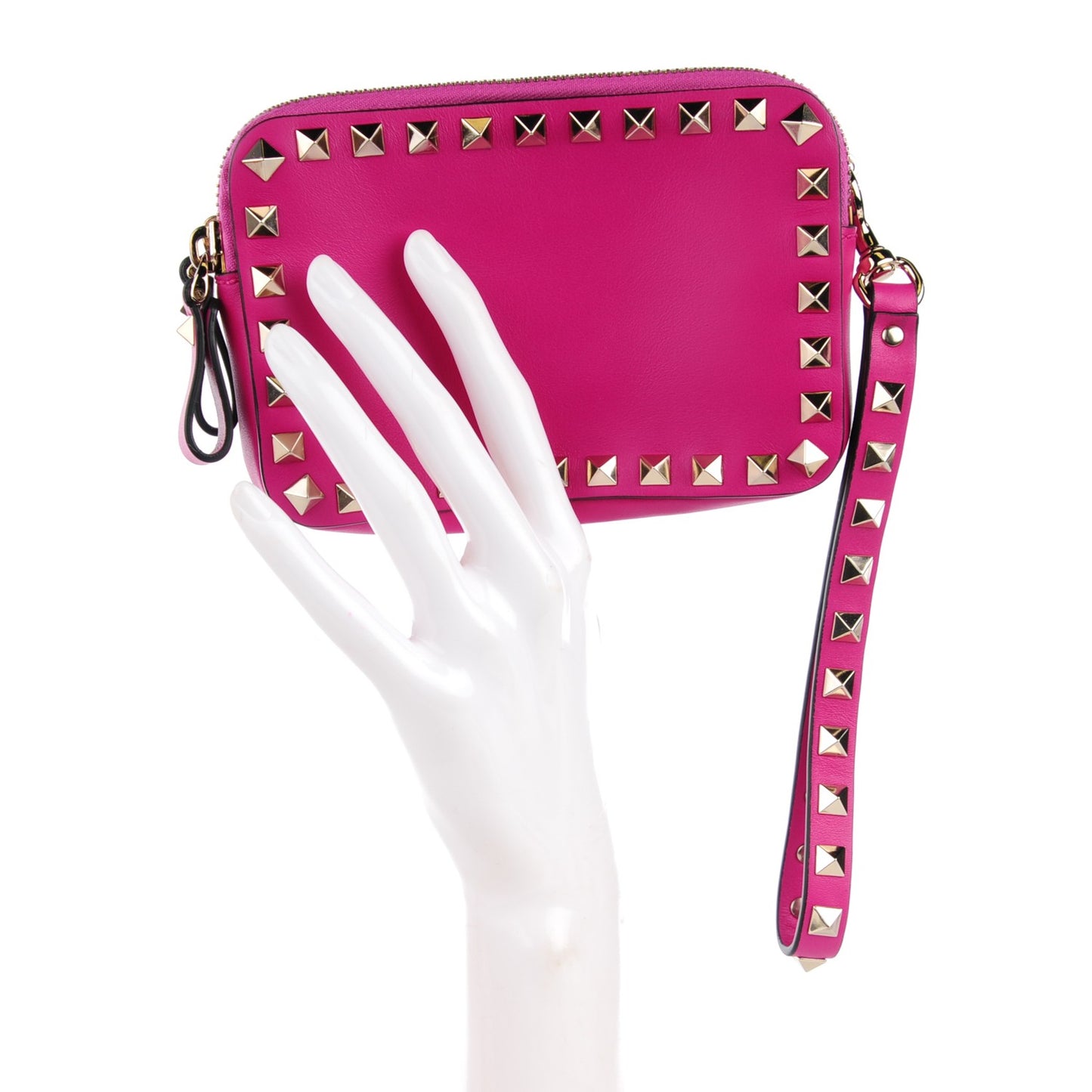 Vitello Rockstud Double Zip Compartment Clutch Wristlet Bag Fuxia