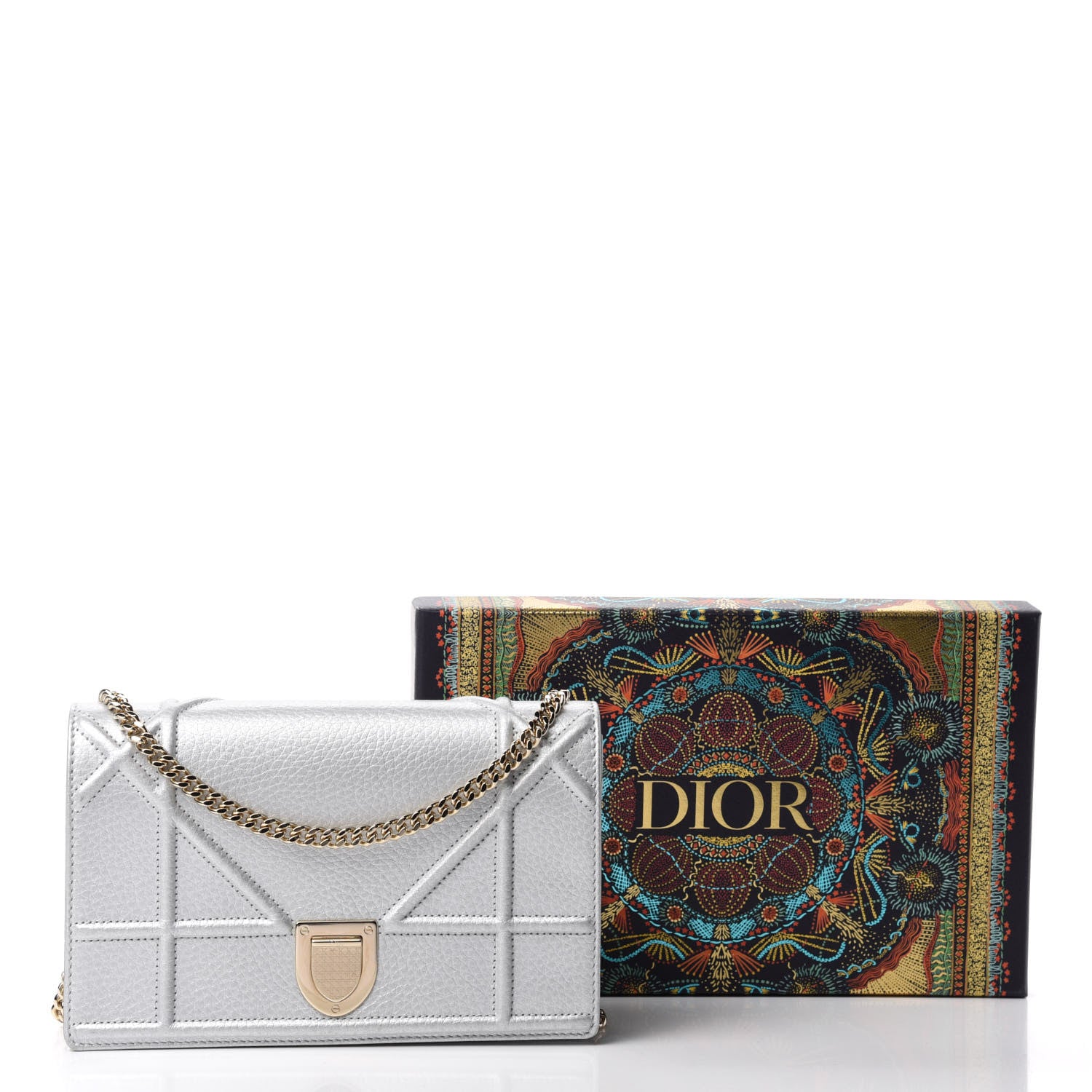 Christian Dior Metallic Grained Calfskin Diorama Wallet on Chain Pouch Silver 11 of 11
