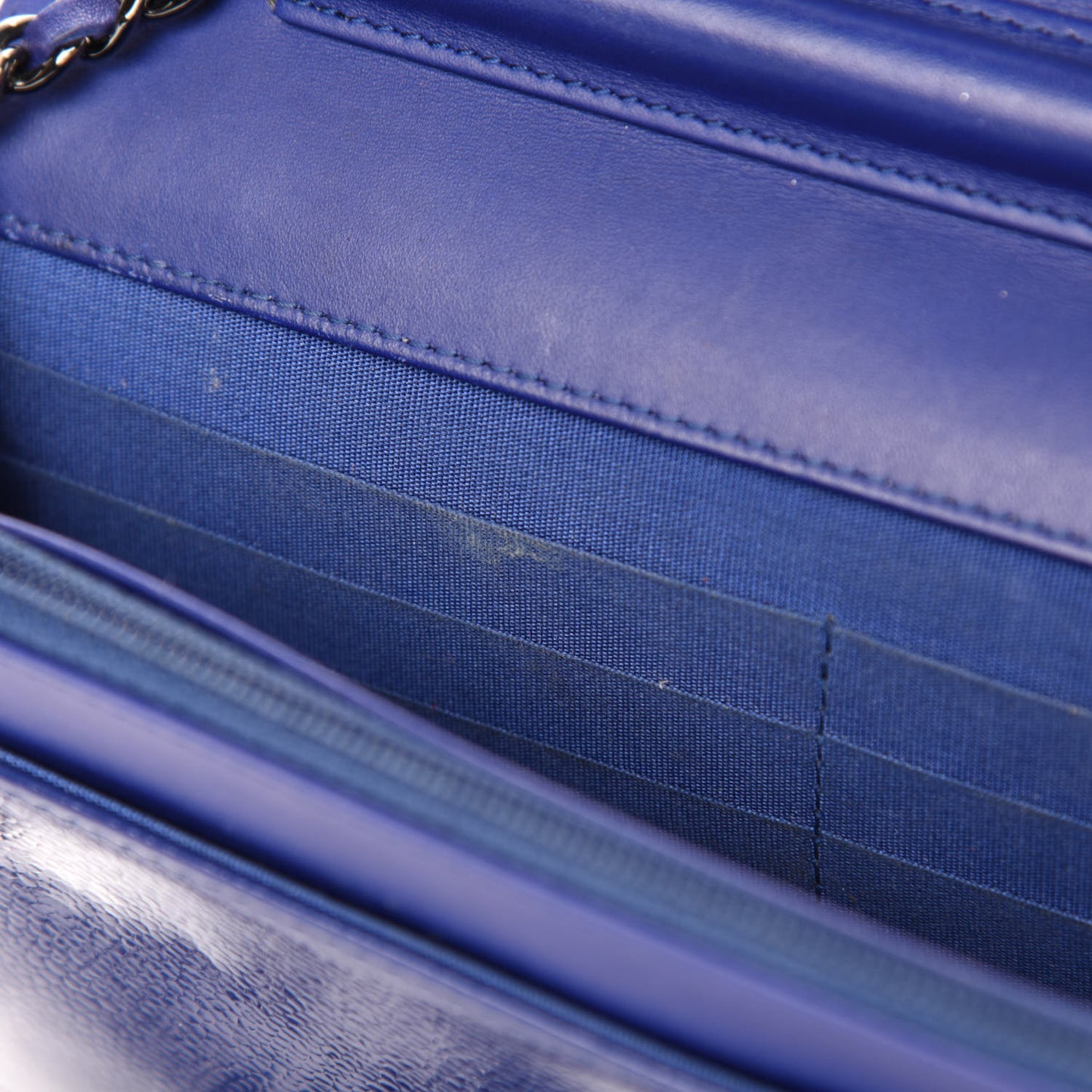 Grained Patent Calfskin Timeless Wallet On Chain WOC Blue