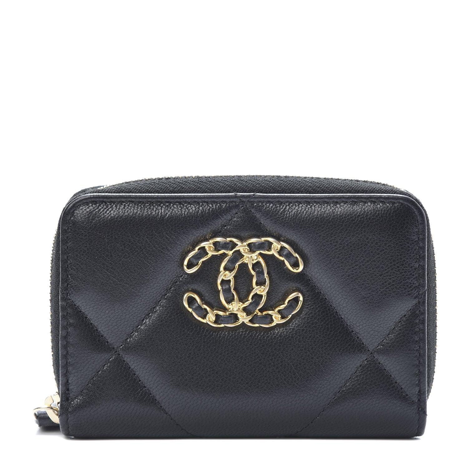 Chanel Shiny Goatskin Quilted Chanel 19 Zip Around Coin Purse Wallet Black 1 of 8