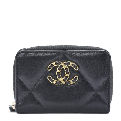 Chanel Shiny Goatskin Quilted Chanel 19 Zip Around Coin Purse Wallet Black 1 of 8