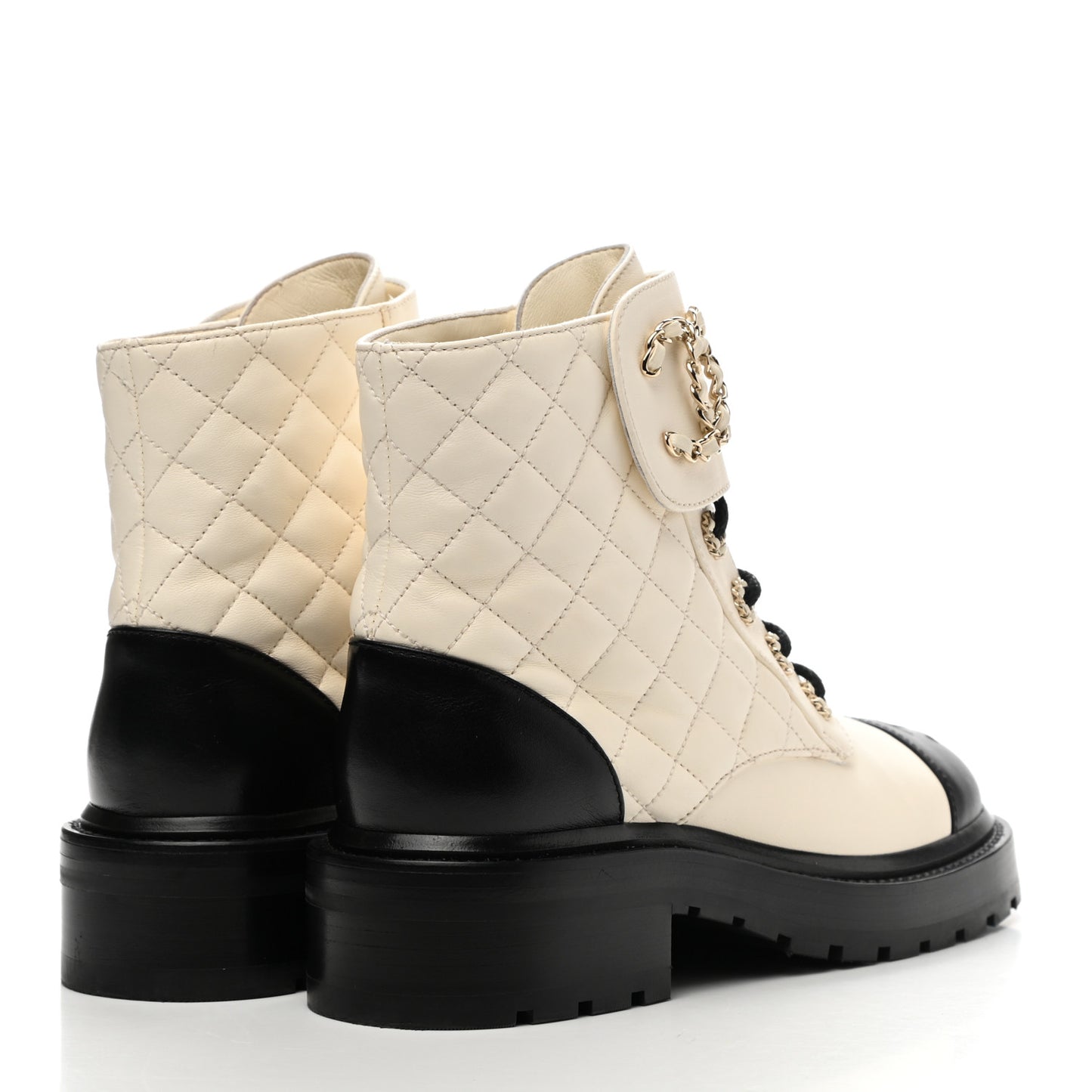 Shiny Goatskin Calfskin Quilted Lace Up Combat Boots 35.5 Ivory Black