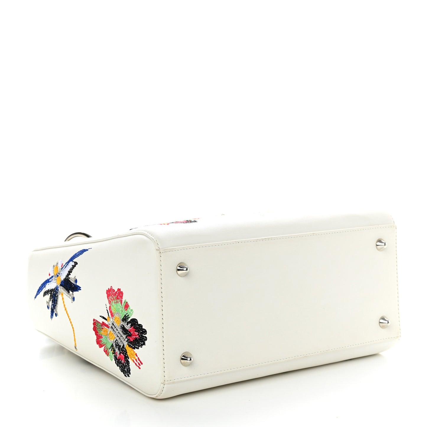 Smooth Calfskin Embroidered Medium Lady Dior White Multicolor