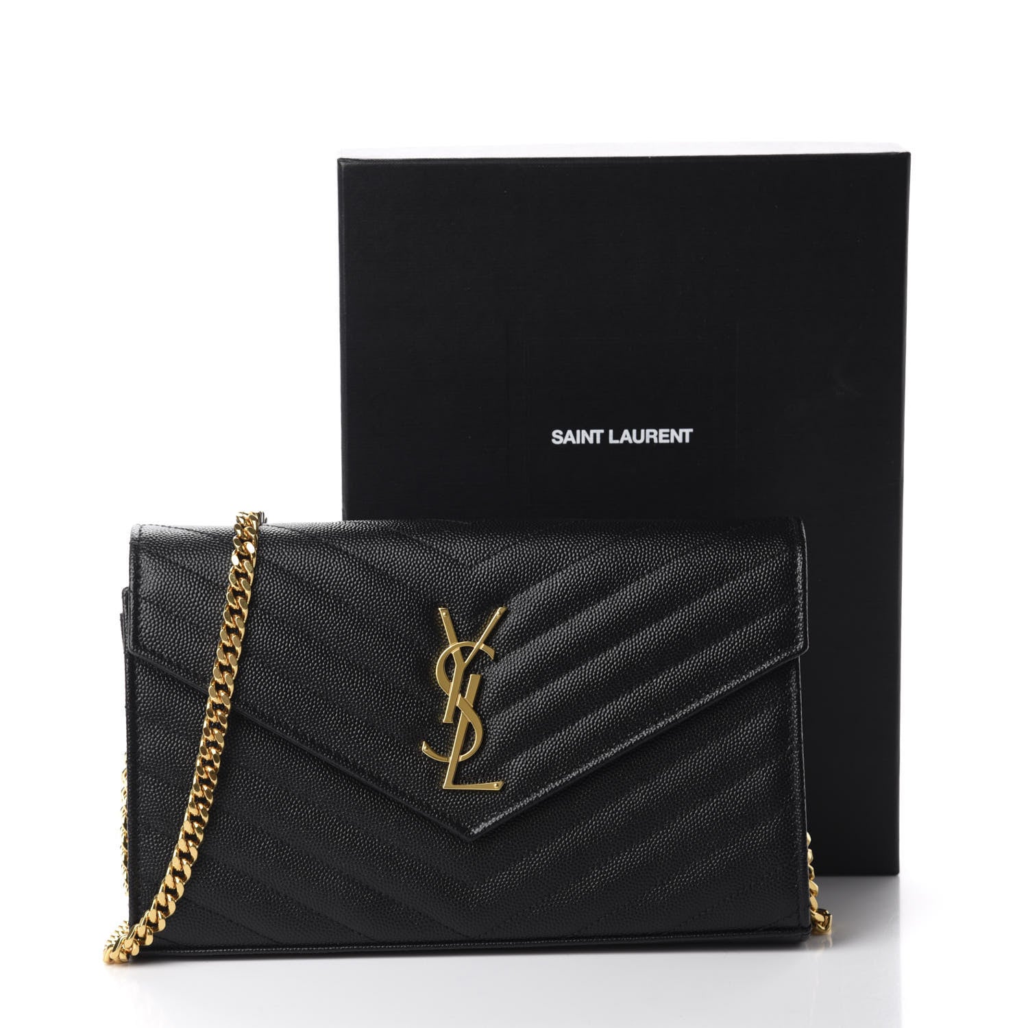 Saint Laurent Grain De Poudre Matelasse Chevron Monogram Chain Wallet Black 10 of 10