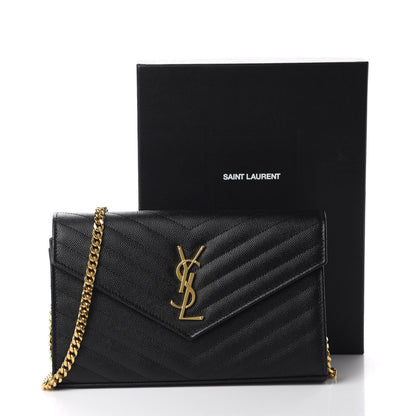Saint Laurent Grain De Poudre Matelasse Chevron Monogram Chain Wallet Black 10 of 10