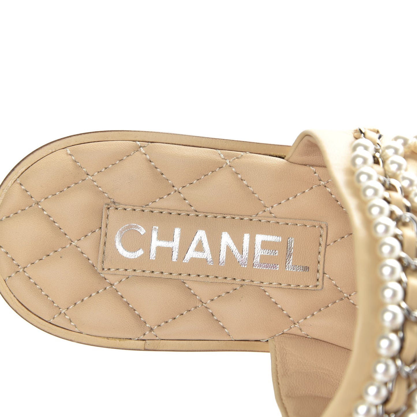 Pearl Lambskin Chain Flat Sandals 36 Beige