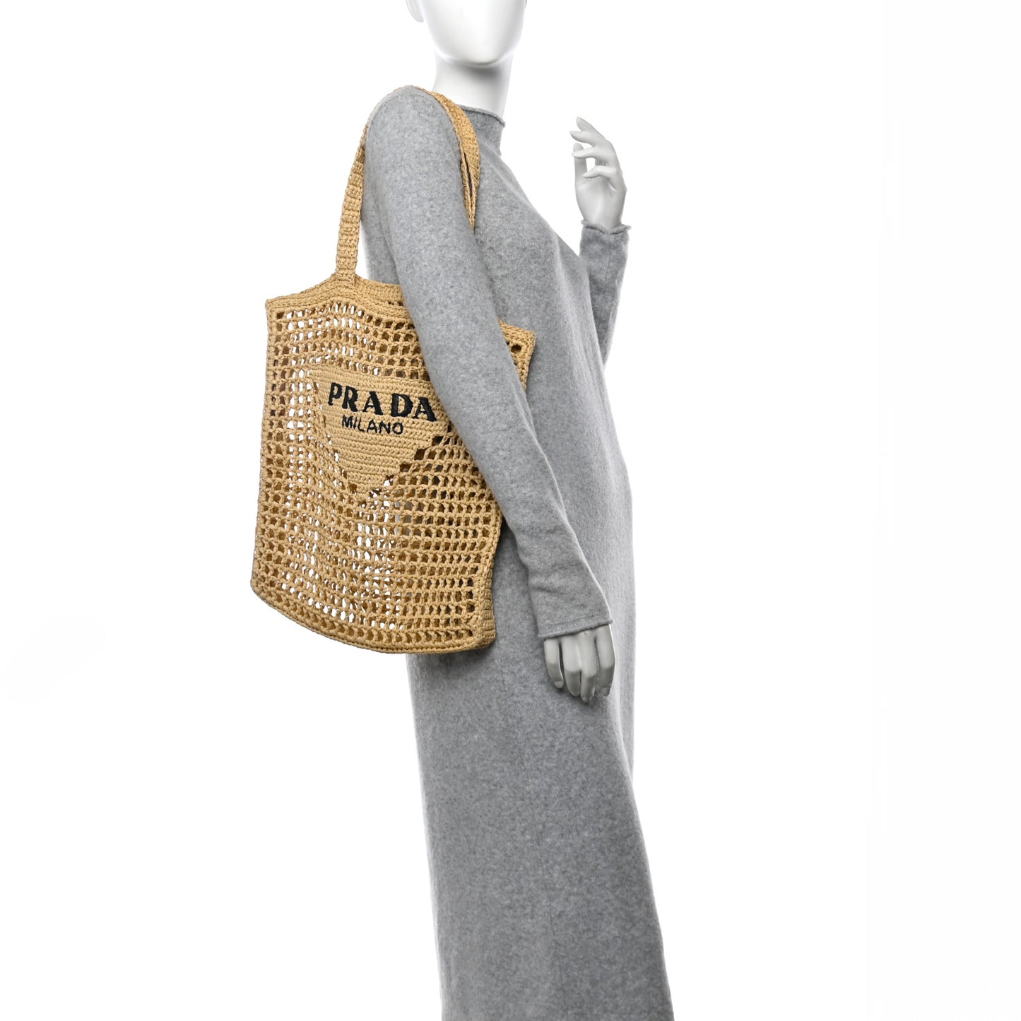 Yarn Raffia Effect Crochet Logo Embroidered Tote Bag Naturale