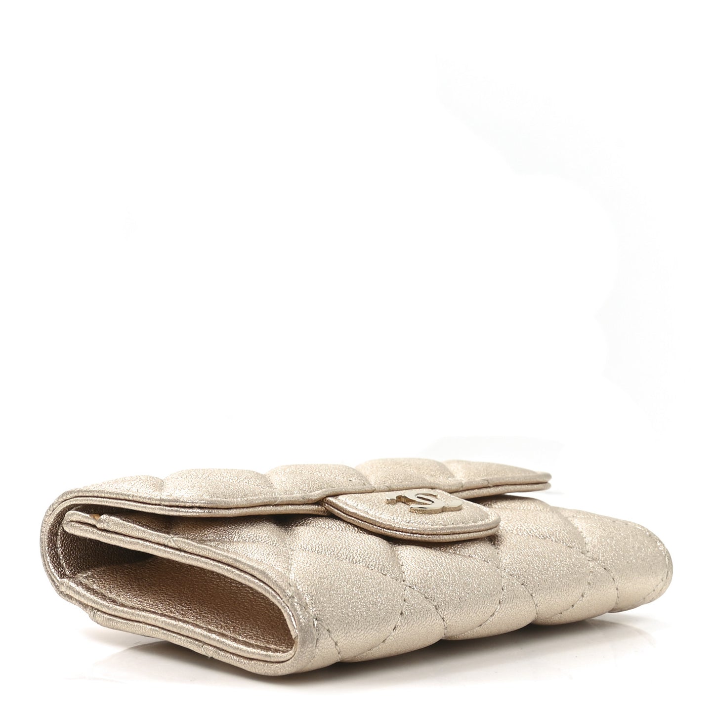 Metallic Lambskin Quilted Flap Card Holder Wallet Gold