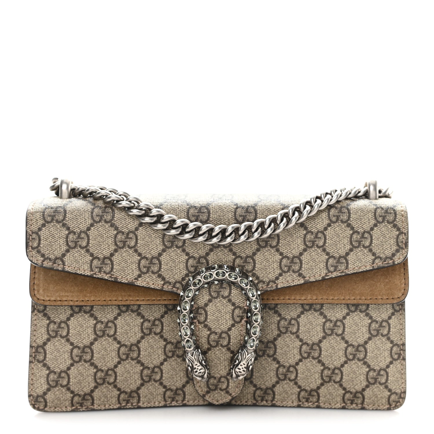 Gucci GG Supreme Monogram Suede Crystal Small Dionysus Shoulder Bag Beige Ebony Taupe 1 of 11