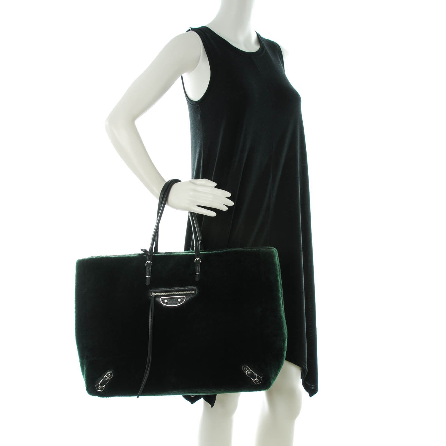Balenciaga Shearling Silver Metallic Edge Hardware Papier A4 Tote Vert Sapin 2 of 7