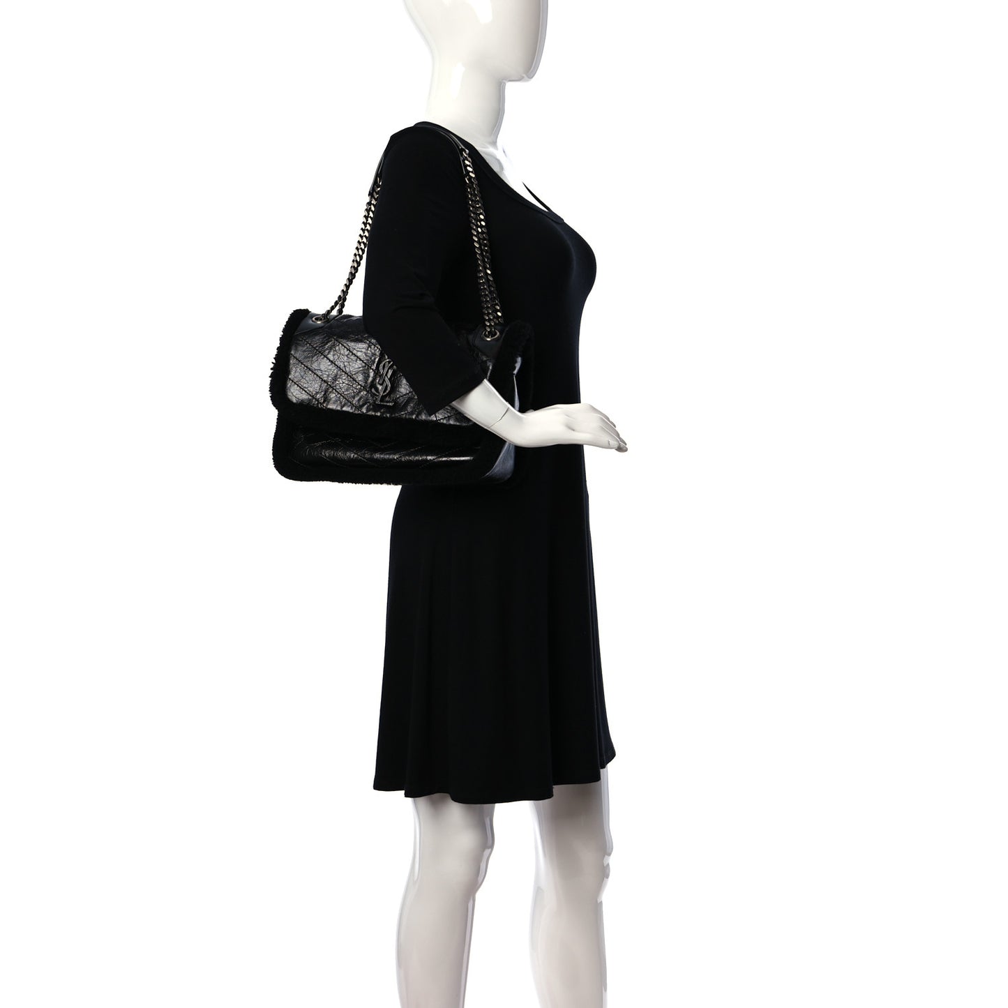 Crinkled Calfskin Shearling Monogram Medium Niki Chain Satchel Black