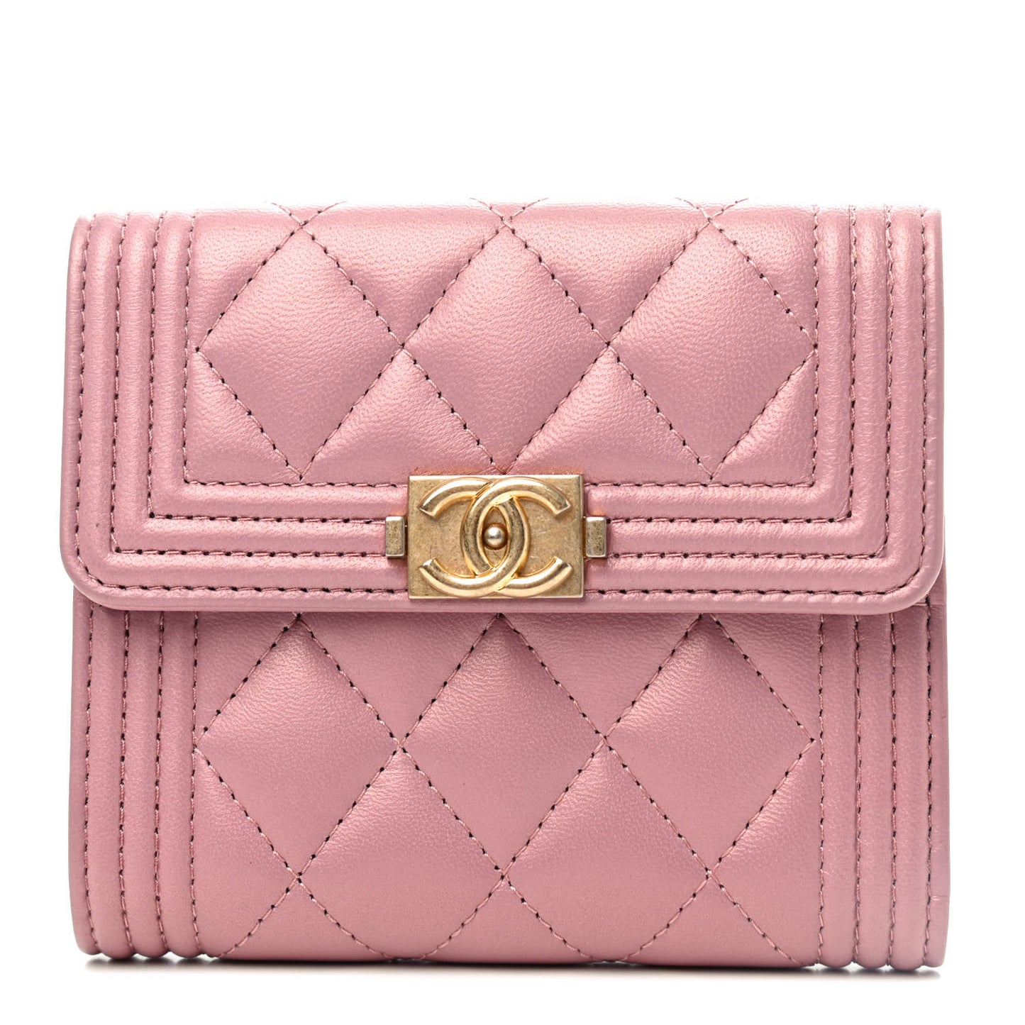Metallic Lambskin Quilted Compact Boy Wallet Pink