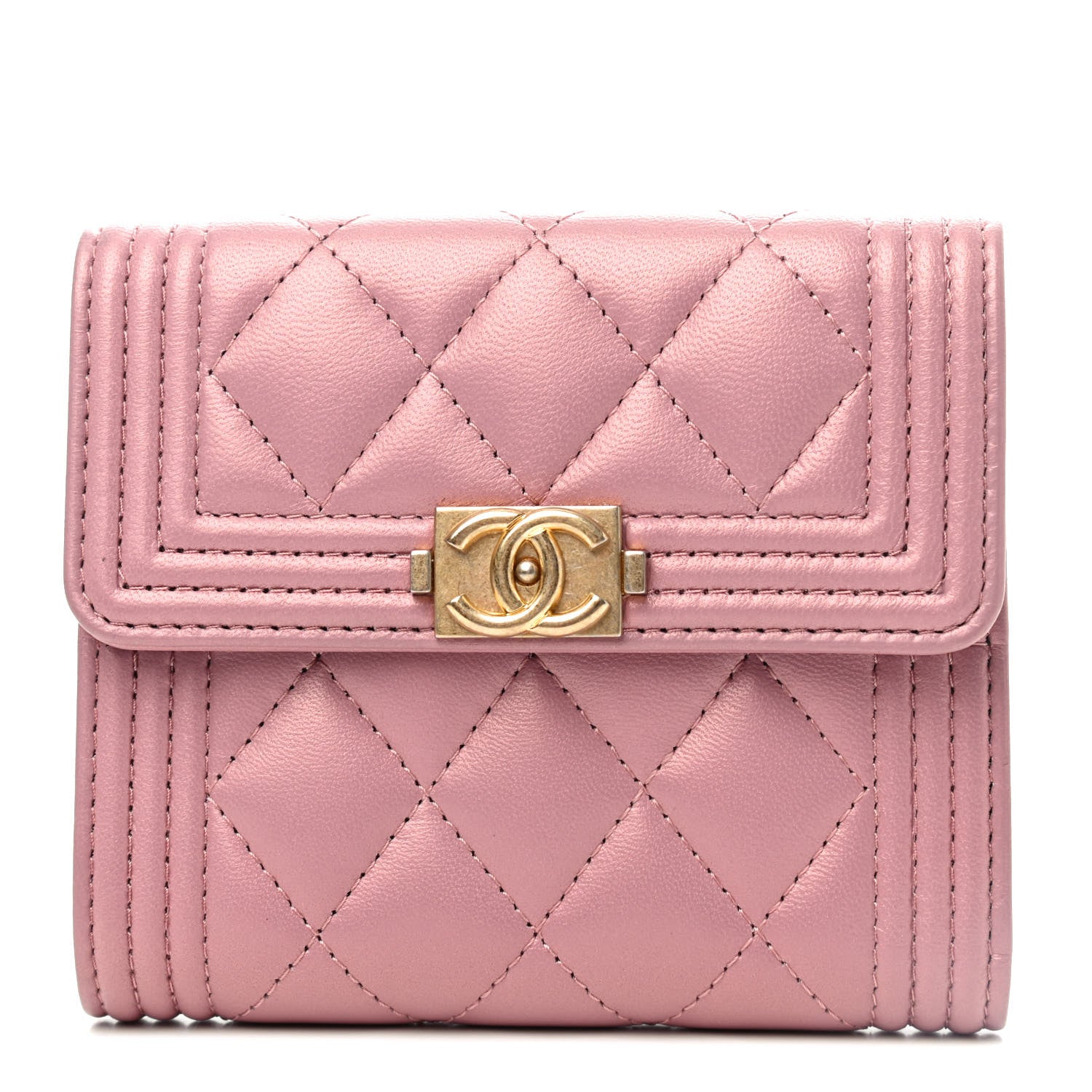 Chanel Metallic Lambskin Quilted Compact Boy Wallet Pink 1 of 4