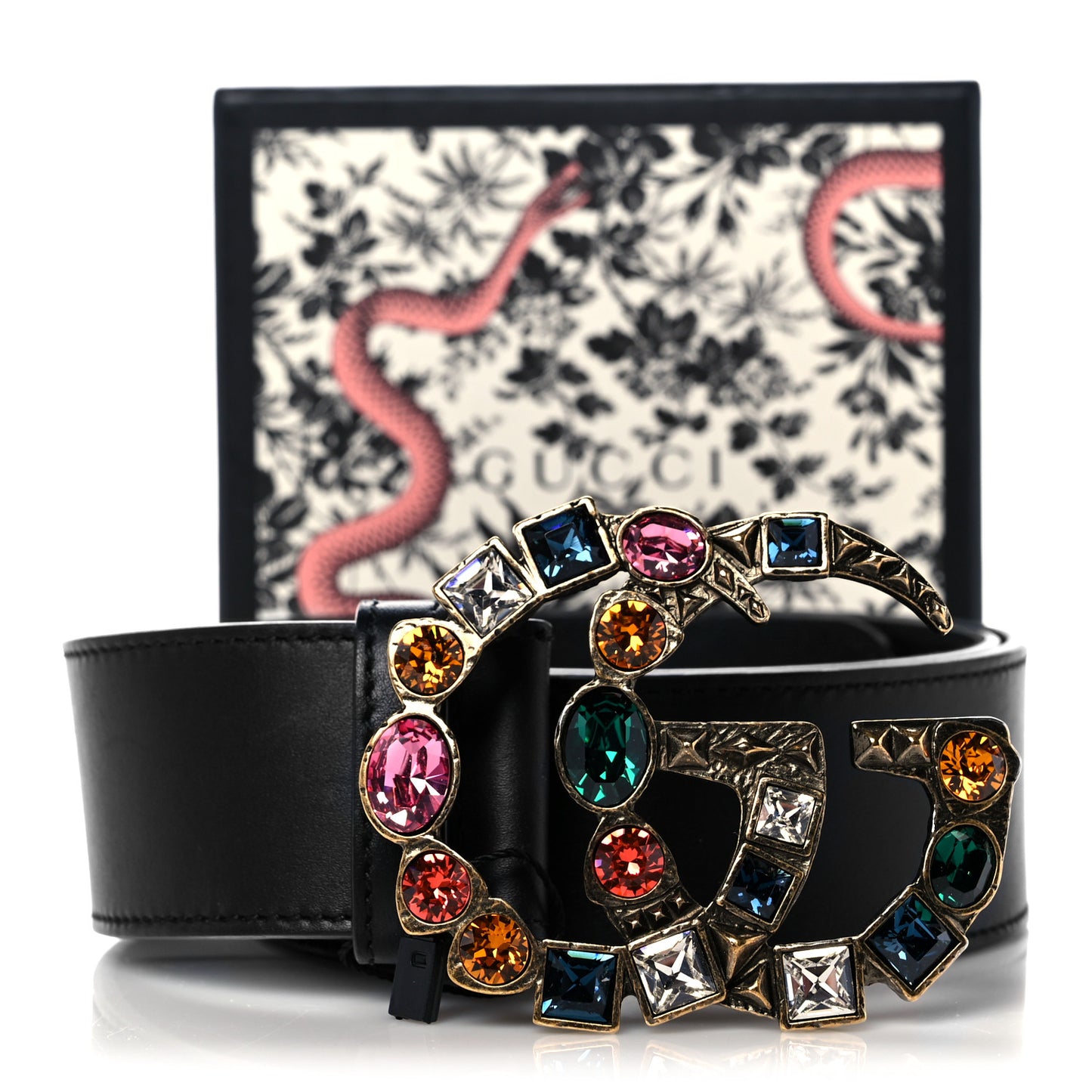 Calfskin Crystal Double G 40mm Belt 80 32 Black Multicolor