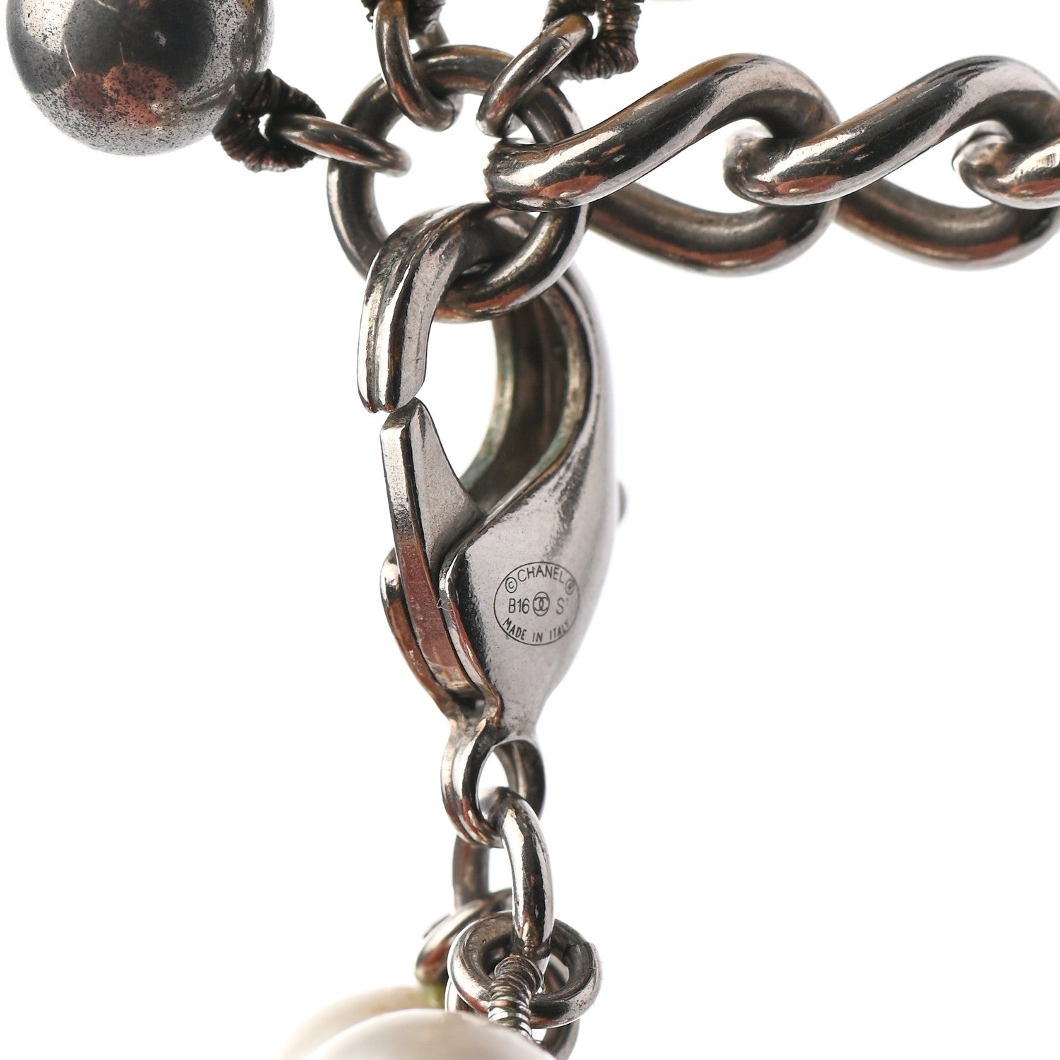 Chanel Pearl CC Long Necklace Silver Pearly White Grey 5 of 5
