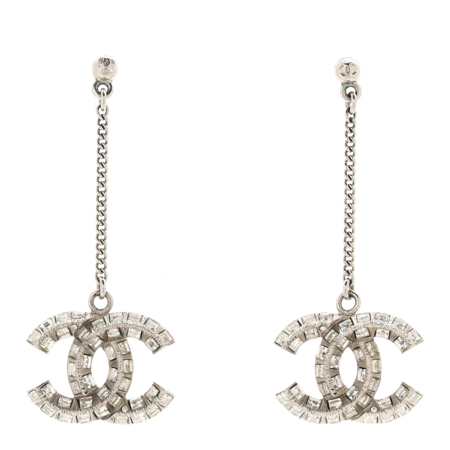 Baguette Crystal CC Drop Earrings Silver