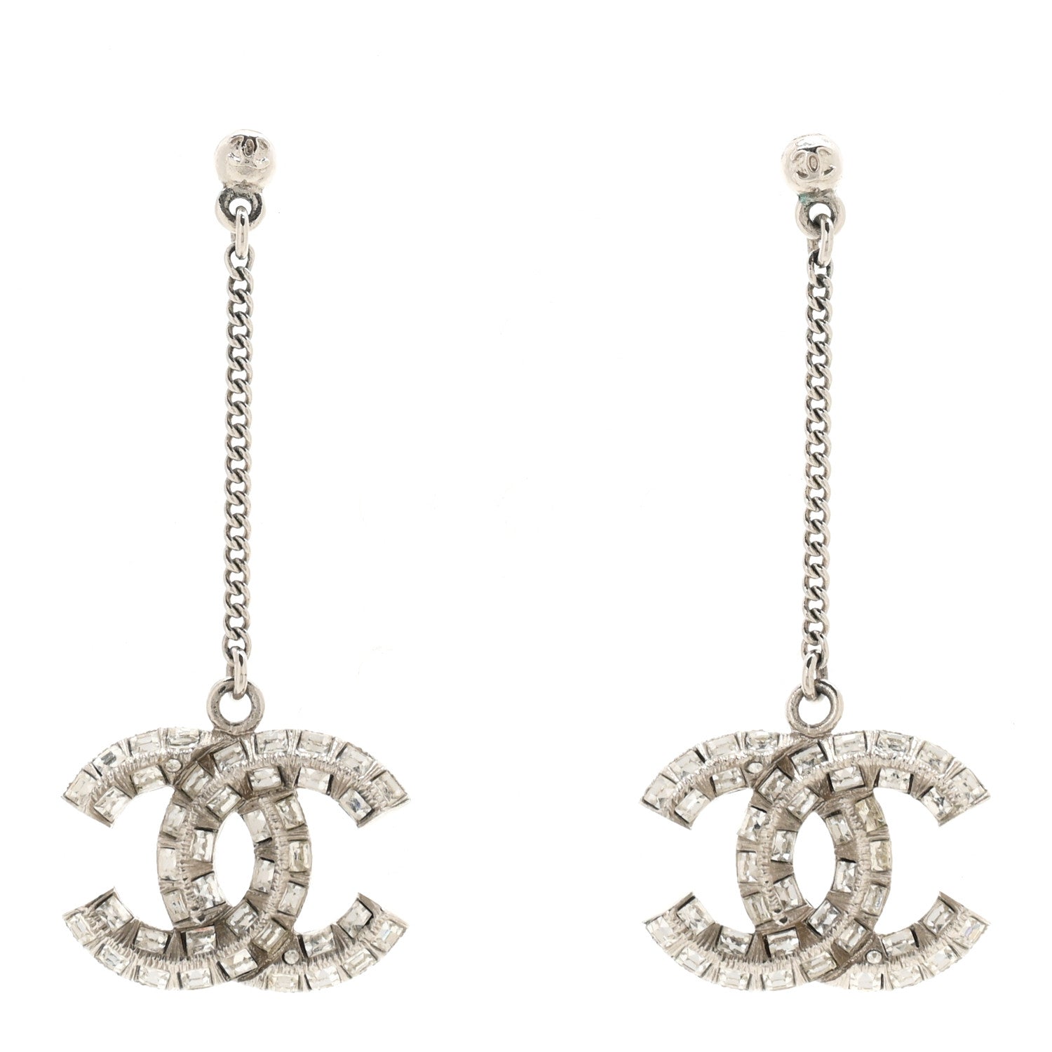 Chanel Baguette Crystal CC Drop Earrings Silver 1 of 5