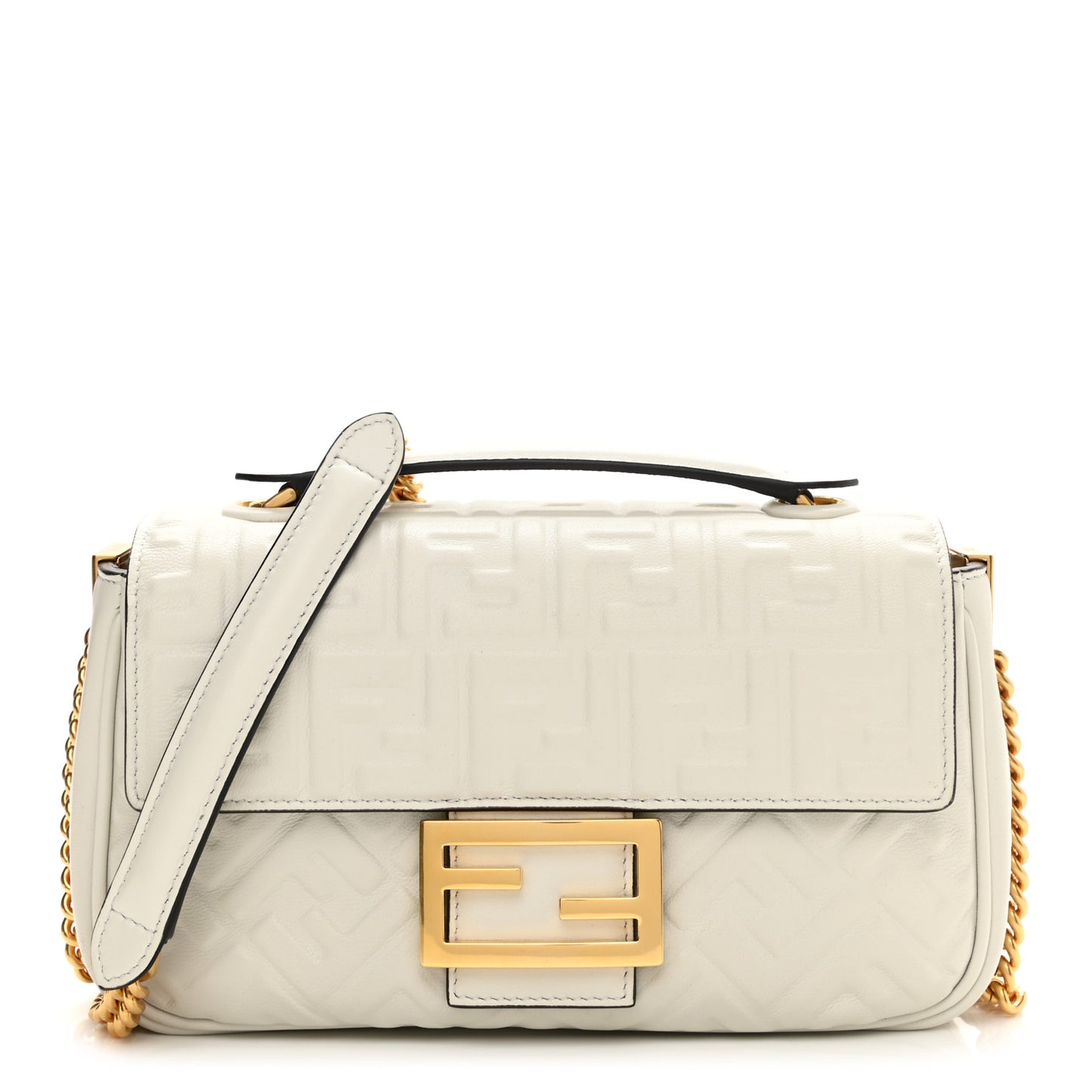 Nappa Small FF Embossed Midi Chain Baguette White