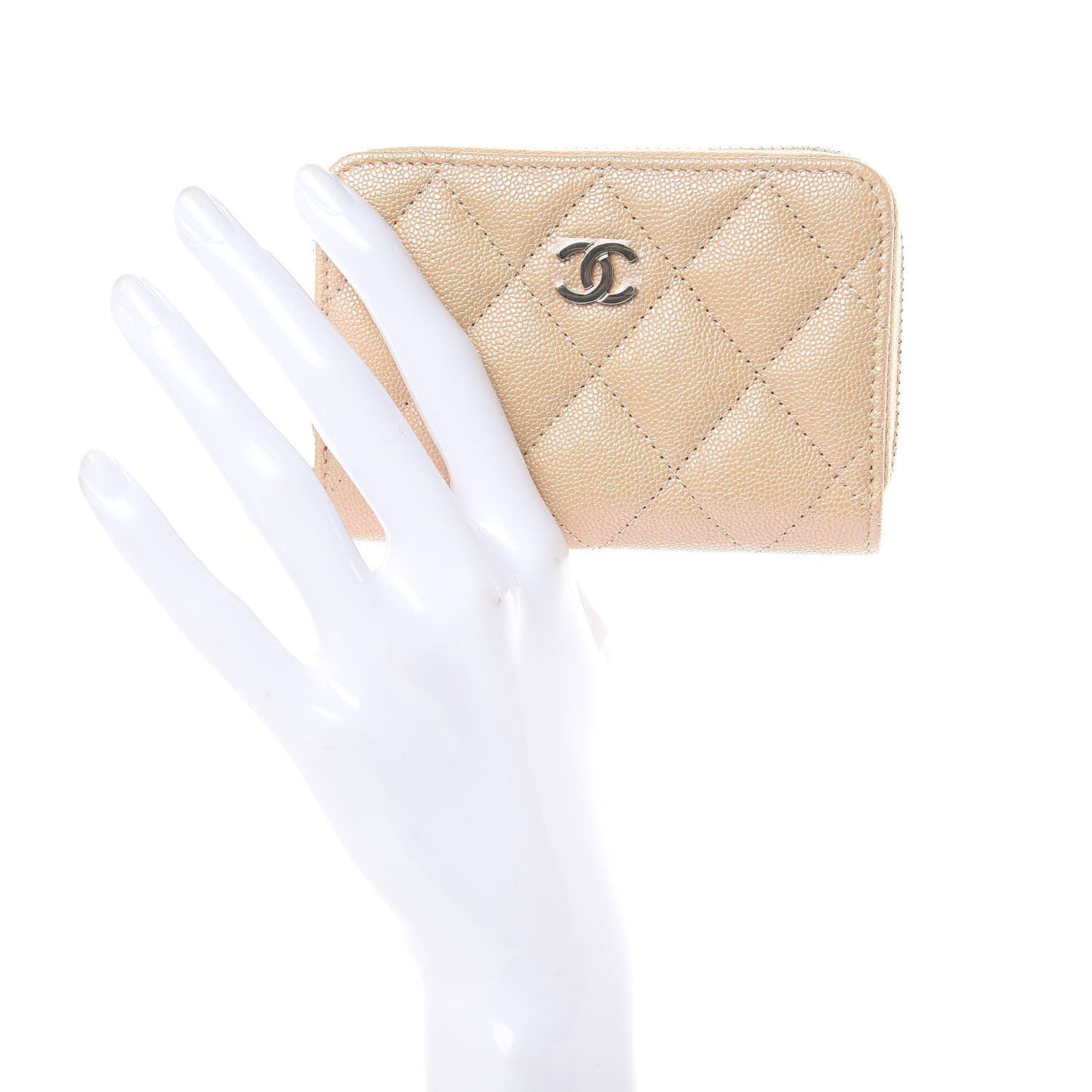Iridescent Caviar Quilted Zip Around Coin Purse Beige