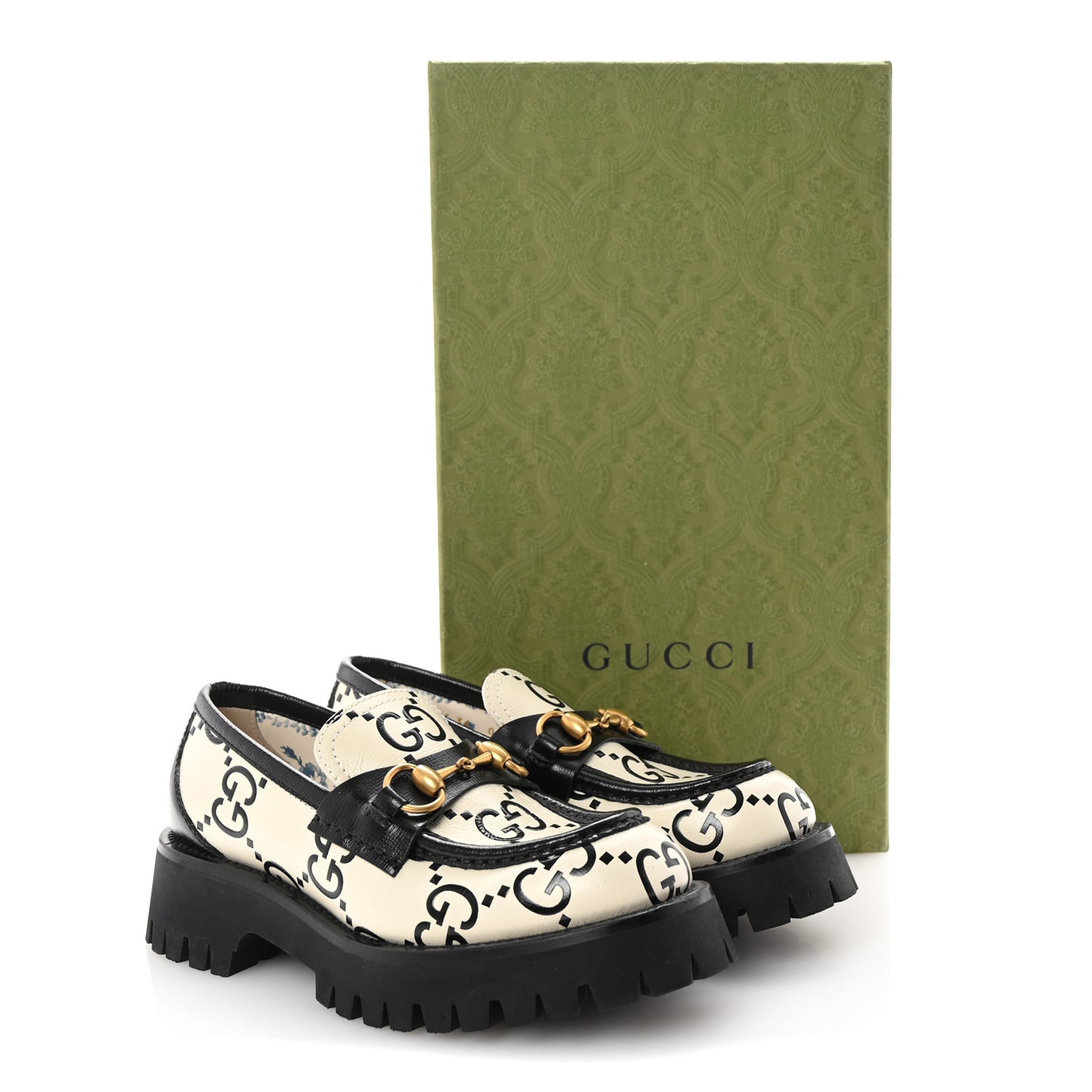 Azalea Calfskin GG Monogram Bi-Color Debossed Womens Harald Horsebit 25mm Platform Loafers 36 Mystic White Black