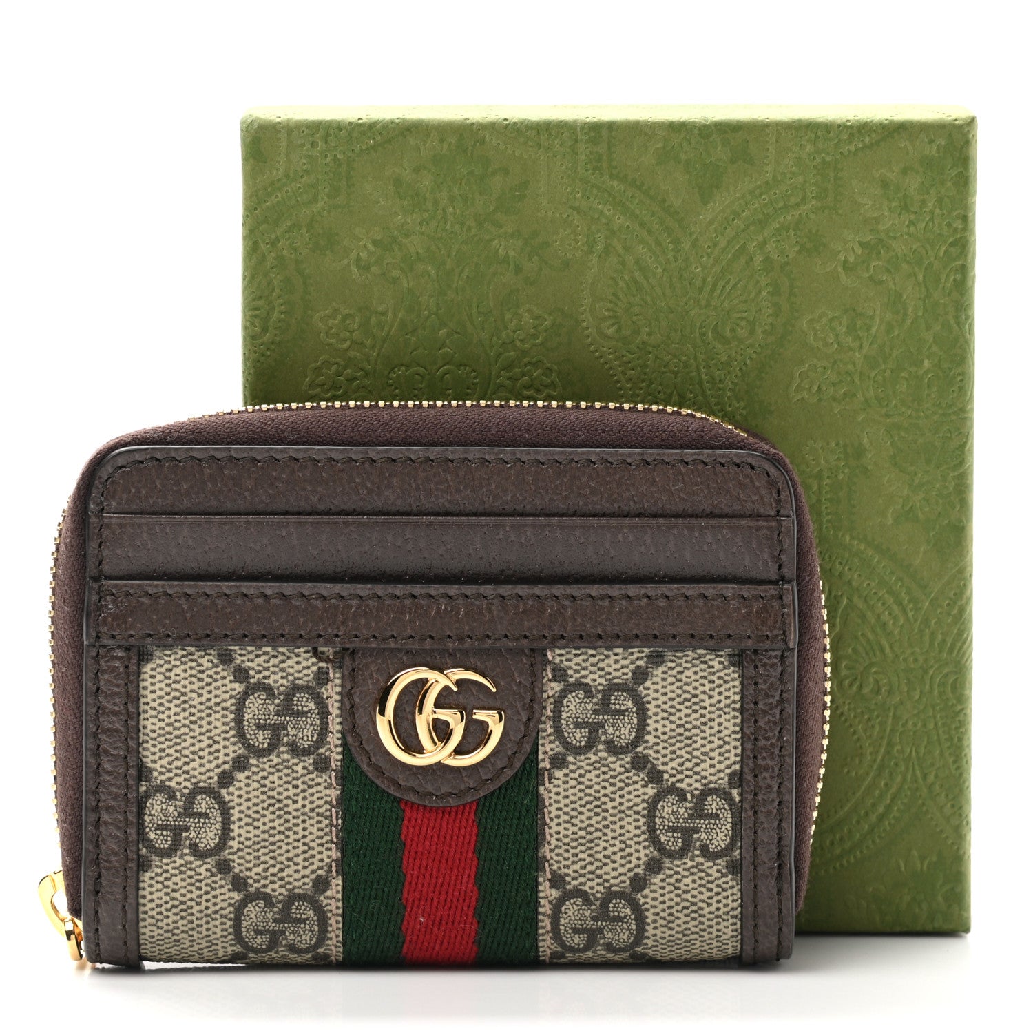 Gucci GG Supreme Monogram Textured Dollar Calfskin Web Ophidia Zip Around Card Case Wallet Beige Ebony New Acero 8 of 8