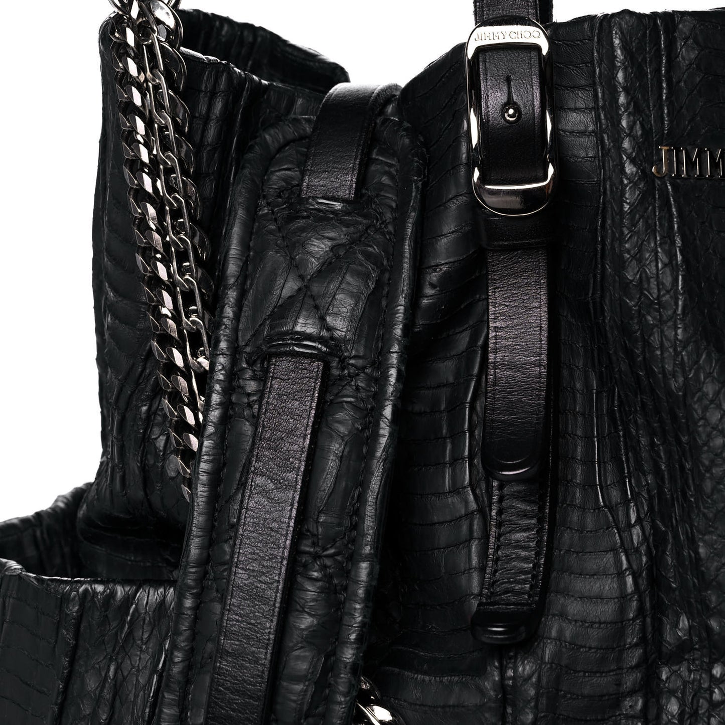 Waxed Snakeskin Chain Embellished Blare Tote Black
