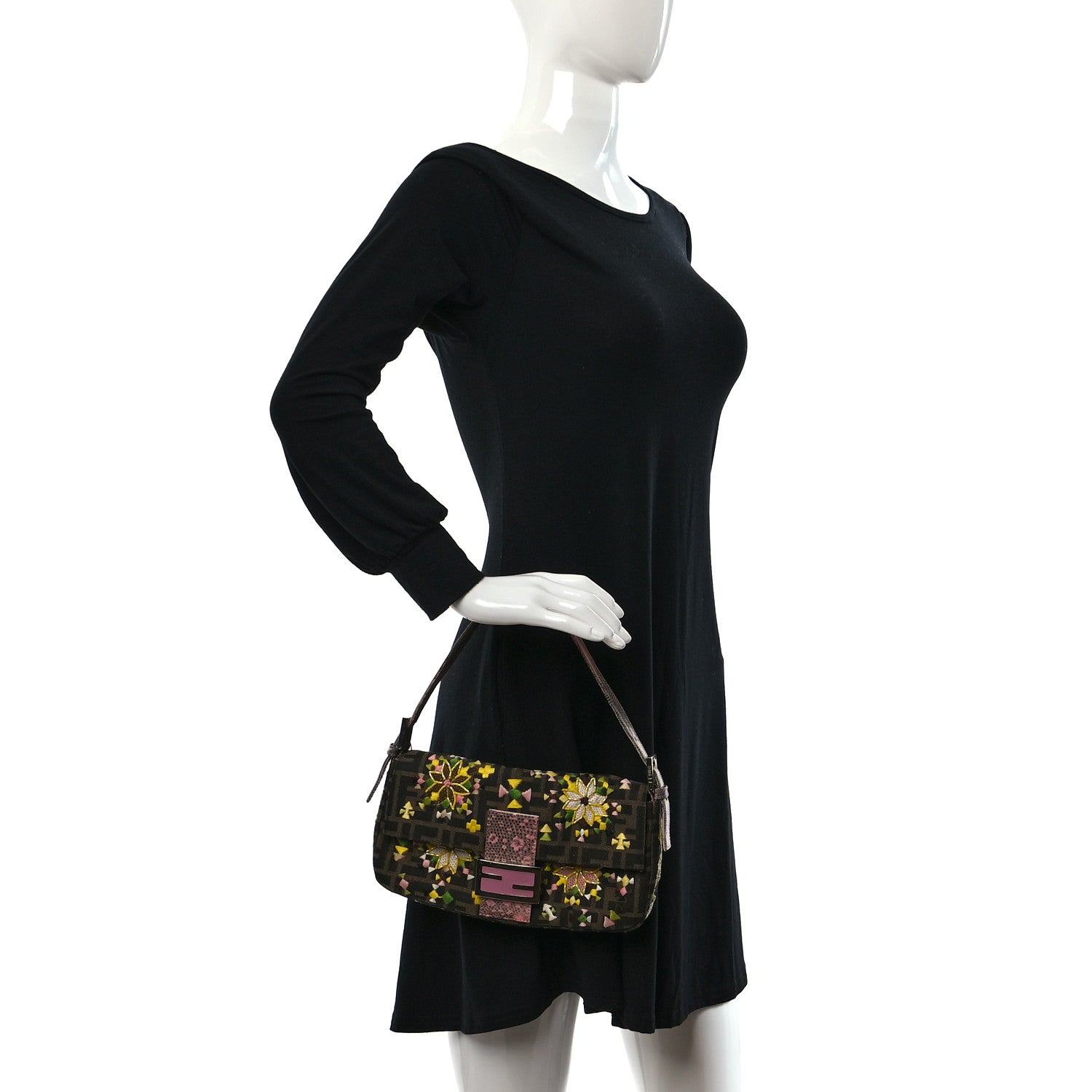 Fendi Lizard Zucca Floral Embroidered Baguette Tobacco Pink Multicolor 2 of 9