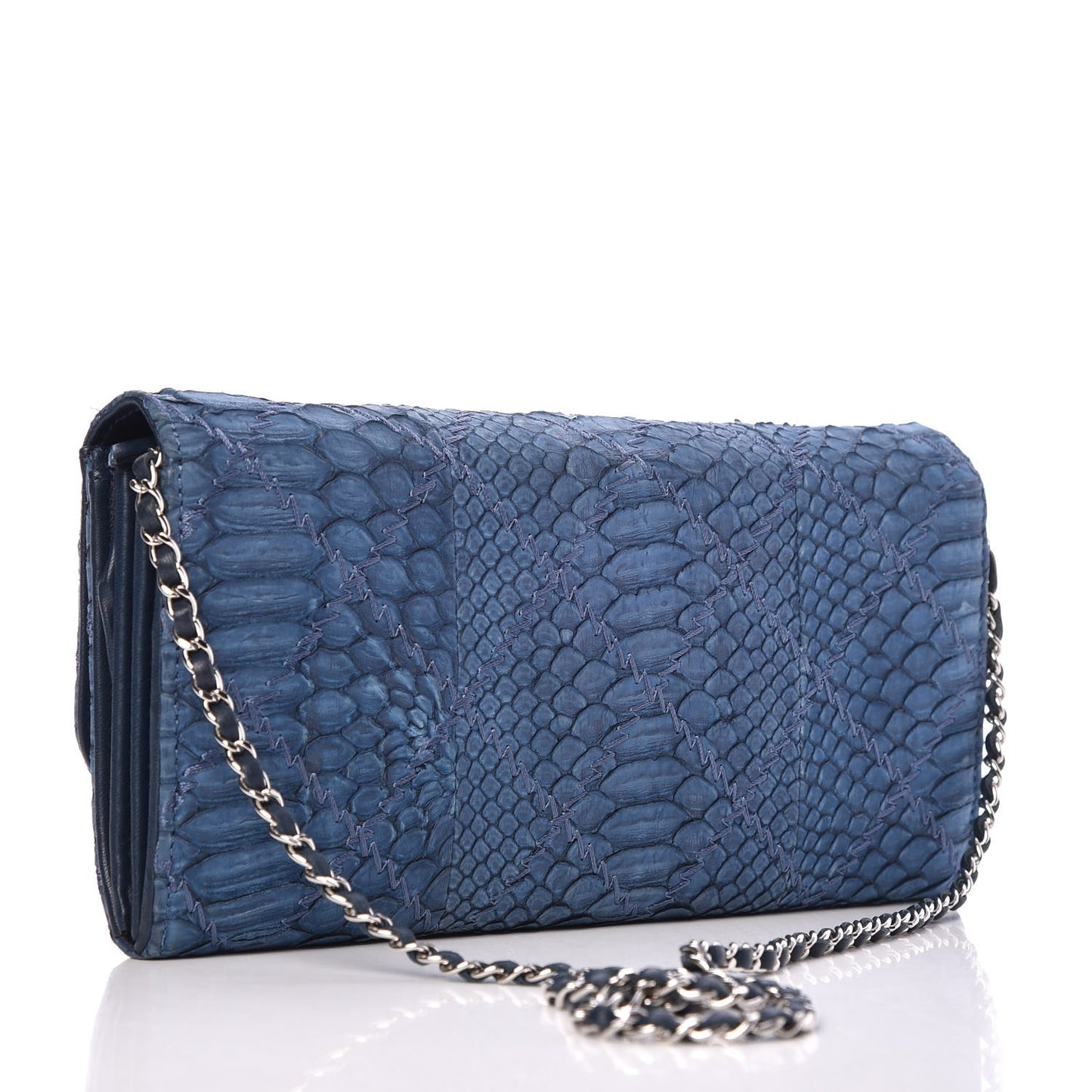 Matte Snakeskin Ultimate Stitch Flap Clutch With Chain Blue
